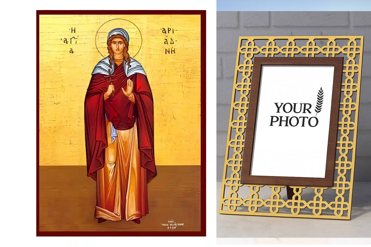 Εικόνα Ορθοδοξίας Πολυτελείας  με  σχεδιο Σταυρούς μαζι με  Βάση σε  8 χρώματα με περίγραμμα χρυσό σε ξύλο Plywood (Πλακάζ)   με  βάση Εικόνα Αγία Αριάδνη Χειροποίητη Ελληνορθόδοξη , Κρεμαστή πλάκα βυζαντινής τέχνης, χριστιανική τέχνη Διάσταση 10x7 cm (3,