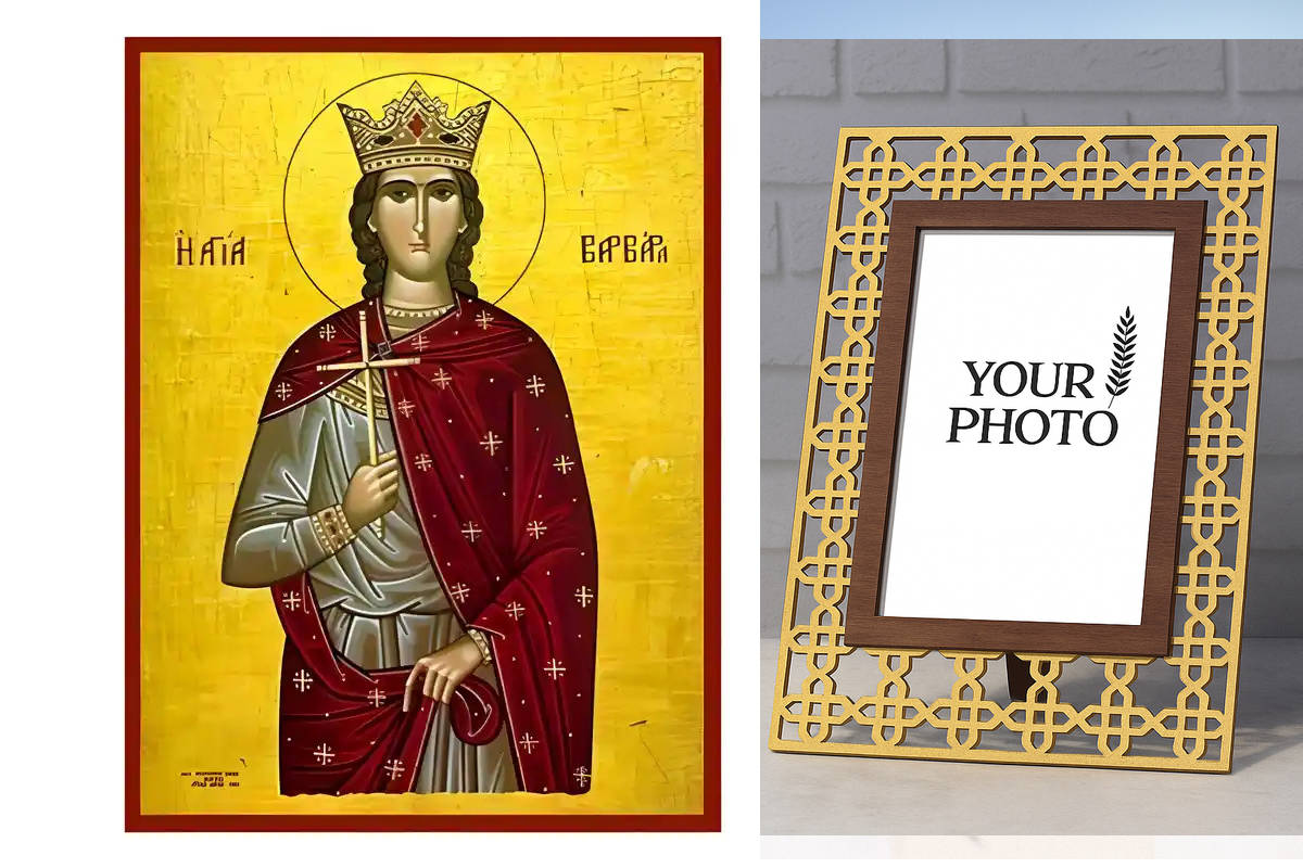 Εικόνα Ορθοδοξίας Πολυτελείας  με  σχεδιο Σταυρούς μαζι με  Βάση σε  8 χρώματα με περίγραμμα χρυσό σε ξύλο Plywood (Πλακάζ)   με  βάση Εικόνα Αγία Βαρβάρα Χειροποίητη Ελληνορθόδοξη , Κρεμαστή πλάκα βυζαντινής τέχνης, χριστιανική τέχνη Διάσταση 10x7 cm (3,