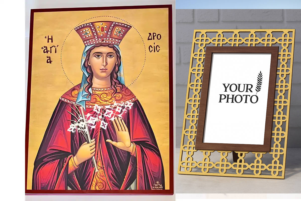 Εικόνα Ορθοδοξίας Πολυτελείας  με  σχεδιο Σταυρούς μαζι με  Βάση σε  8 χρώματα με περίγραμμα χρυσό σε ξύλο Plywood (Πλακάζ)   με  βάση Εικόνα Αγία Δροσίς Χειροποίητη Ελληνορθόδοξη , Κρεμαστή πλάκα βυζαντινής τέχνης, χριστιανική τέχνη Διάσταση 10x7 cm (3,9