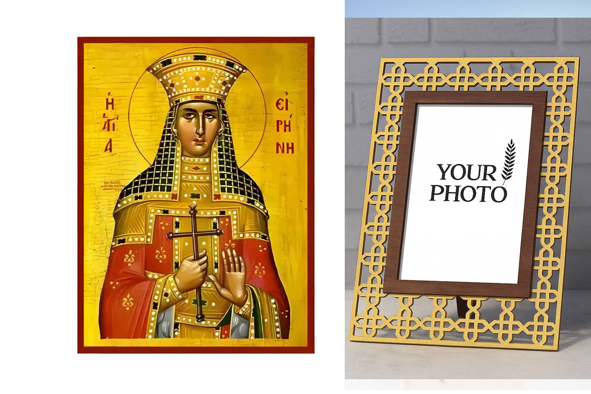 Εικόνα Ορθοδοξίας Πολυτελείας  με  σχεδιο Σταυρούς μαζι με  Βάση σε  8 χρώματα με περίγραμμα χρυσό σε ξύλο Plywood (Πλακάζ)   με  βάση Εικόνα Αγία Ειρήνη Χειροποίητη Ελληνορθόδοξη , Κρεμαστή πλάκα βυζαντινής τέχνης, χριστιανική τέχνη Διάσταση 10x7 cm (3,9