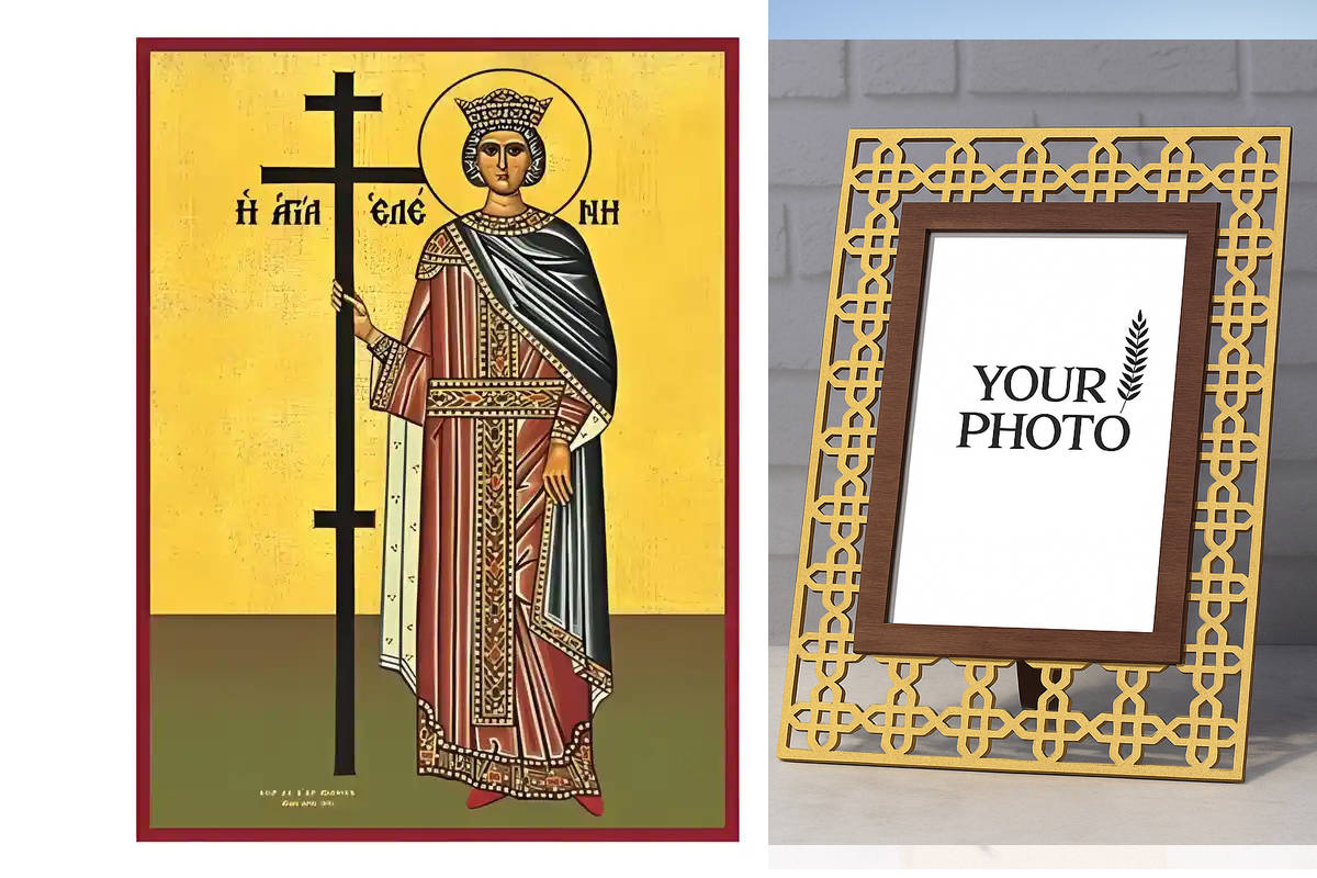 Εικόνα Ορθοδοξίας Πολυτελείας  με  σχεδιο Σταυρούς μαζι με  Βάση σε  8 χρώματα με περίγραμμα χρυσό σε ξύλο Plywood (Πλακάζ)   με  βάση Εικόνα Αγία Ελένη Χειροποίητη Ελληνορθόδοξη , Κρεμαστή πλάκα βυζαντινής τέχνης, χριστιανική τέχνη Διάσταση 10x7 cm (3,9