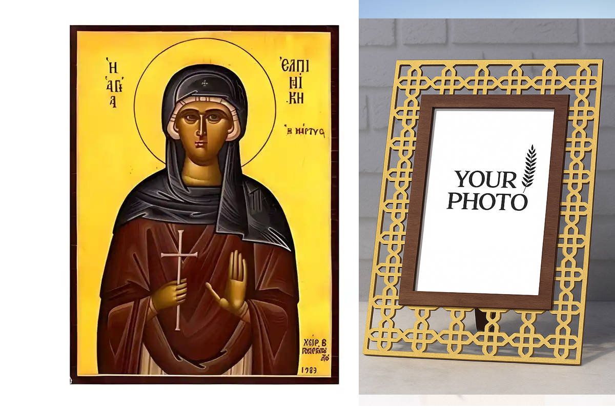 Εικόνα Ορθοδοξίας Πολυτελείας  με  σχεδιο Σταυρούς μαζι με  Βάση σε  8 χρώματα με περίγραμμα χρυσό σε ξύλο Plywood (Πλακάζ)   με  βάση Εικόνα Αγία Ελπινίκη Χειροποίητη Ελληνορθόδοξη , Κρεμαστή πλάκα βυζαντινής τέχνης, χριστιανική τέχνη Διάσταση 10x7 cm (3