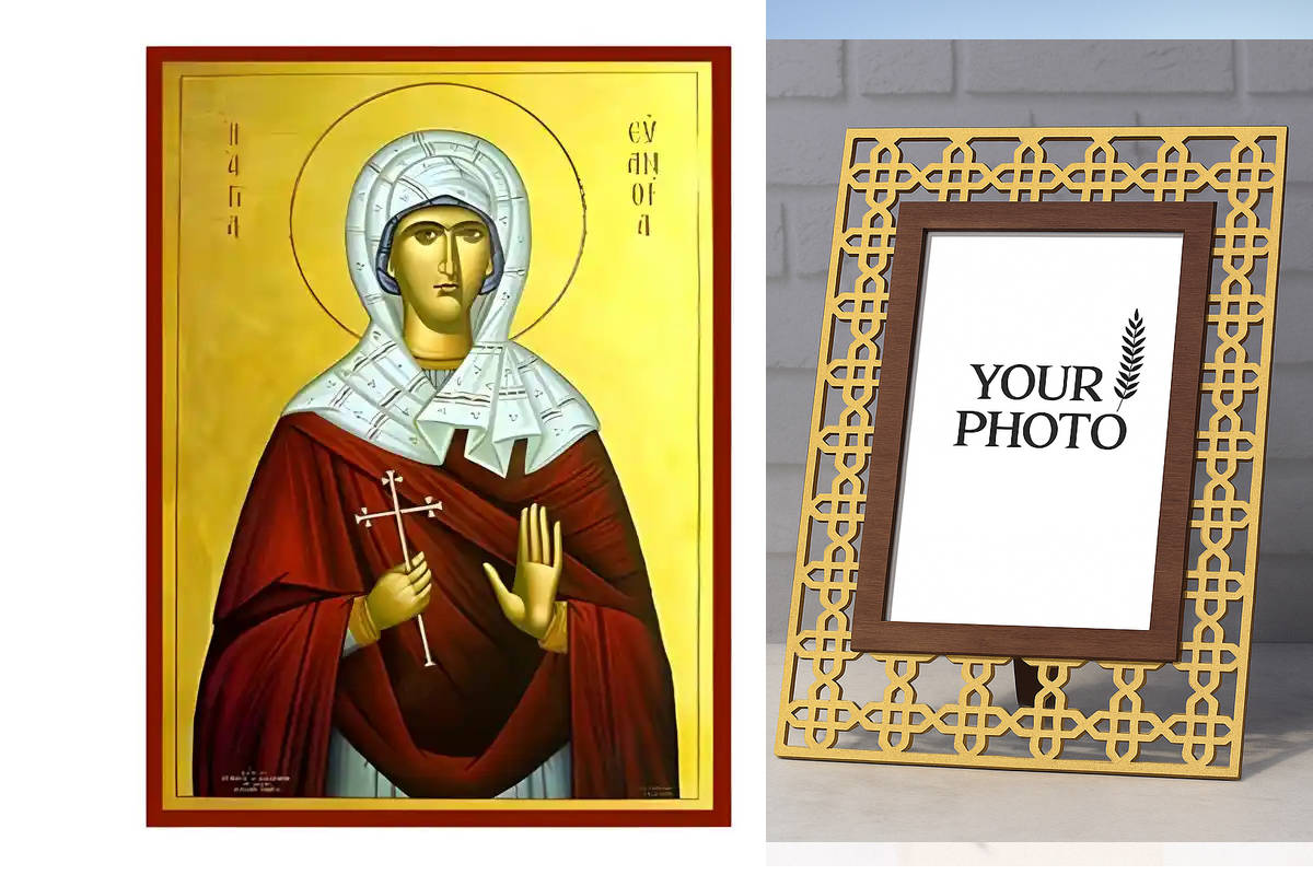 Εικόνα Ορθοδοξίας Πολυτελείας  με  σχεδιο Σταυρούς μαζι με  Βάση σε  8 χρώματα με περίγραμμα χρυσό σε ξύλο Plywood (Πλακάζ)   με  βάση Εικόνα Αγία Ευανθία Χειροποίητη Ελληνορθόδοξη , Κρεμαστή πλάκα βυζαντινής τέχνης, χριστιανική τέχνη Διάσταση 10x7 cm (3,