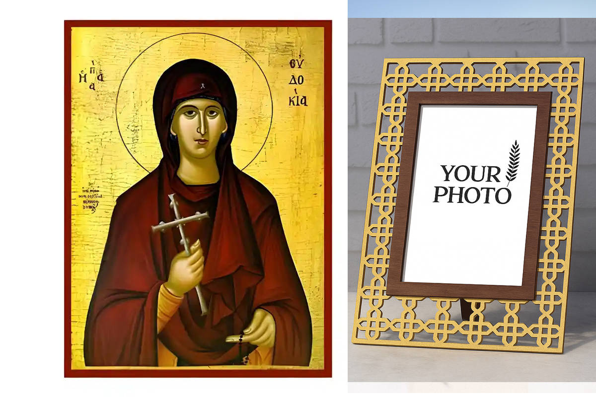 Εικόνα Ορθοδοξίας Πολυτελείας  με  σχεδιο Σταυρούς μαζι με  Βάση σε  8 χρώματα με περίγραμμα χρυσό σε ξύλο Plywood (Πλακάζ)   με  βάση Εικόνα Αγία Ευδοκία Χειροποίητη Ελληνορθόδοξη , Κρεμαστή πλάκα βυζαντινής τέχνης, χριστιανική τέχνη Διάσταση 10x7 cm (3,