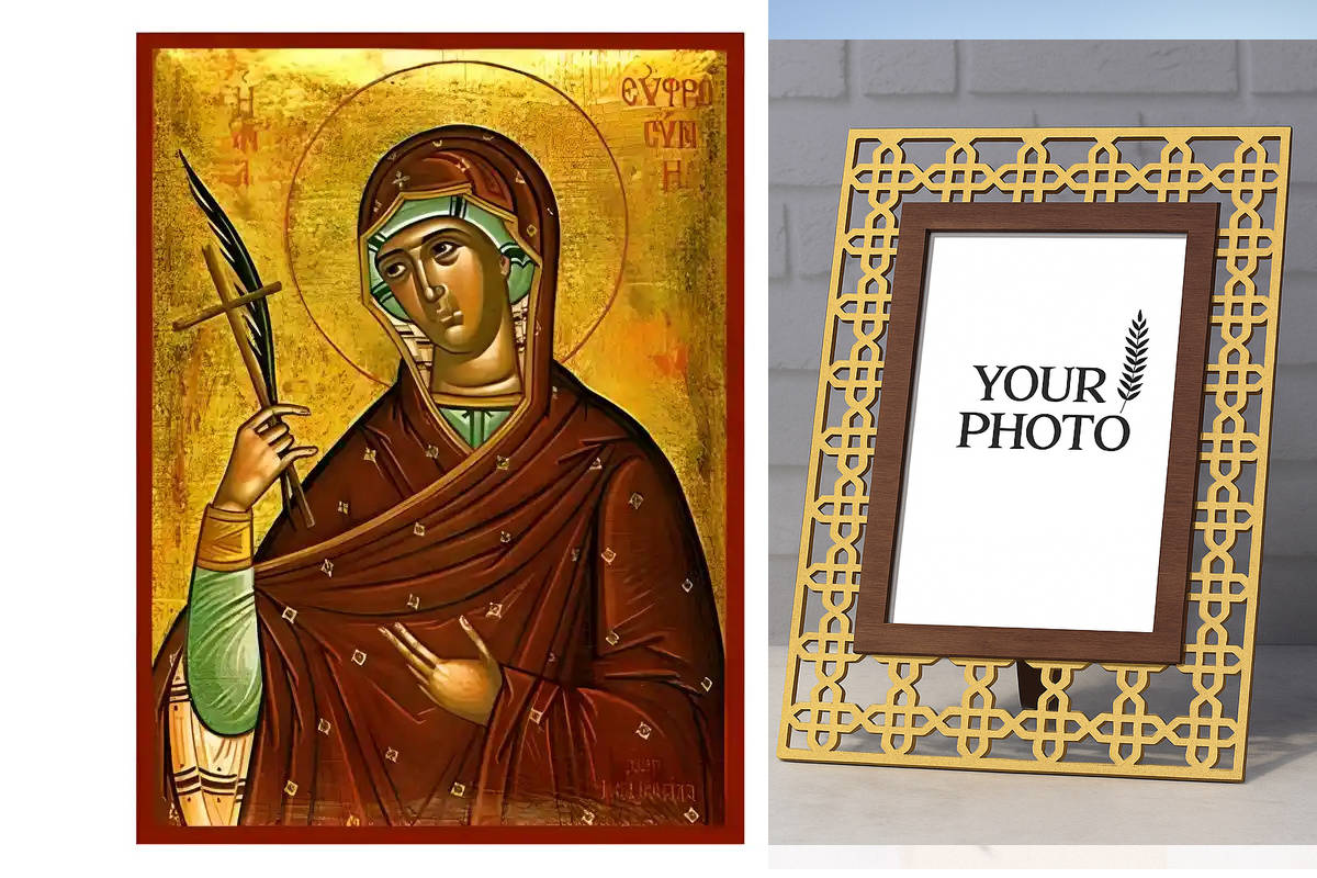 Εικόνα Ορθοδοξίας Πολυτελείας  με  σχεδιο Σταυρούς μαζι με  Βάση σε  8 χρώματα με περίγραμμα χρυσό σε ξύλο Plywood (Πλακάζ)   με  βάση Εικόνα Αγία Ευφροσύνη Χειροποίητη Ελληνορθόδοξη , Κρεμαστή πλάκα βυζαντινής τέχνης, χριστιανική τέχνη Διάσταση 10x7 cm (