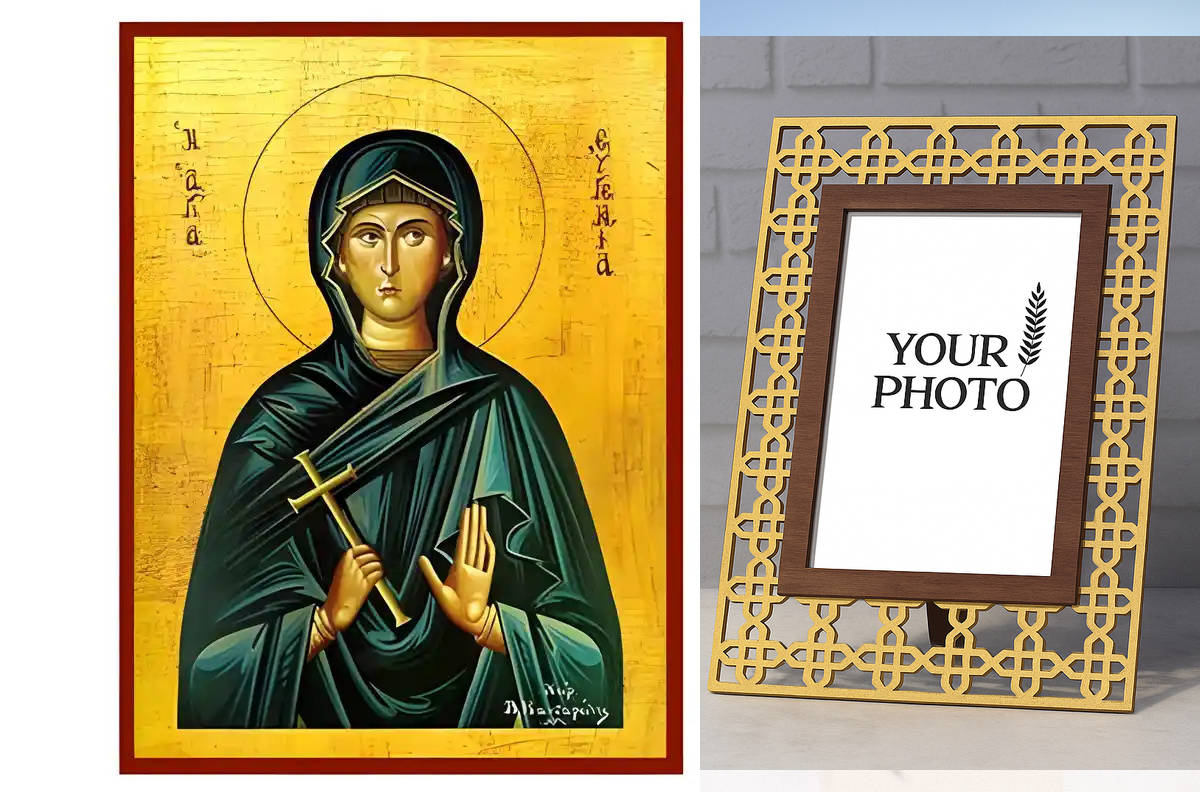 Εικόνα Ορθοδοξίας Πολυτελείας  με  σχεδιο Σταυρούς μαζι με  Βάση σε  8 χρώματα με περίγραμμα χρυσό σε ξύλο Plywood (Πλακάζ)   με  βάση Εικόνα Αγία Ευγενία Χειροποίητη Ελληνορθόδοξη , Κρεμαστή πλάκα βυζαντινής τέχνης, χριστιανική τέχνη Διάσταση 10x7 cm (3,