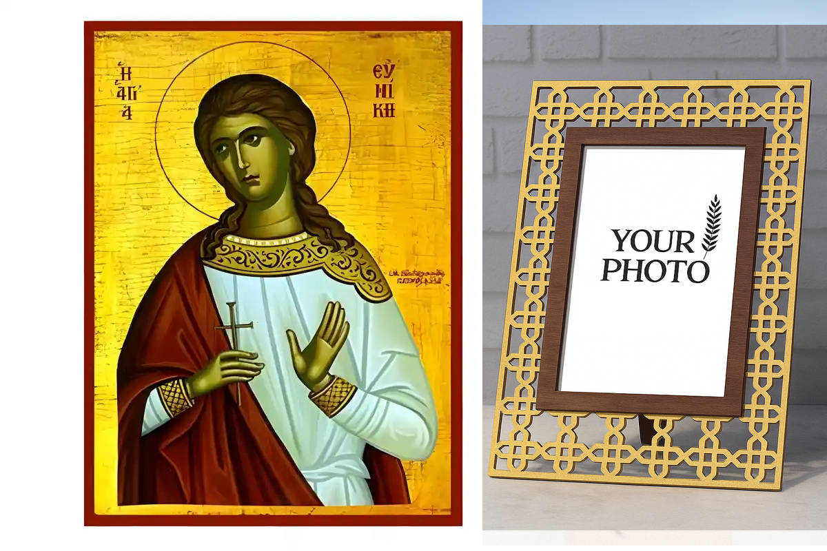 Εικόνα Ορθοδοξίας Πολυτελείας  με  σχεδιο Σταυρούς μαζι με  Βάση σε  8 χρώματα με περίγραμμα χρυσό σε ξύλο Plywood (Πλακάζ)   με  βάση Εικόνα Αγία Ευνίκη Χειροποίητη Ελληνορθόδοξη , Κρεμαστή πλάκα βυζαντινής τέχνης, χριστιανική τέχνη Διάσταση 10x7 cm (3,9