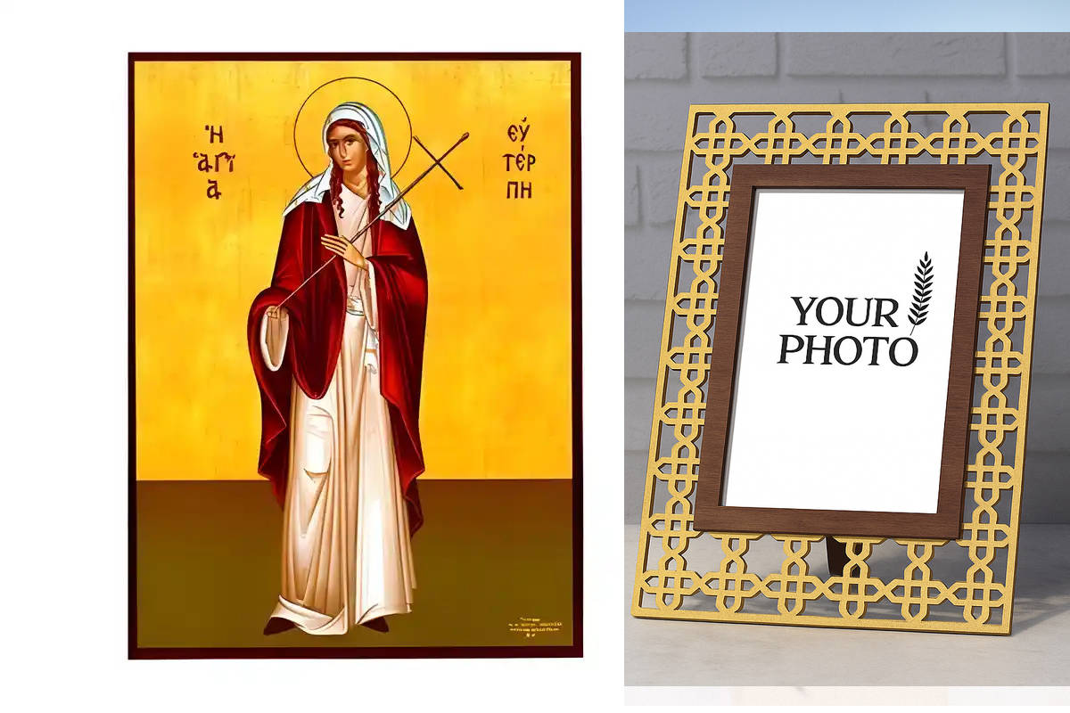 Εικόνα Ορθοδοξίας Πολυτελείας  με  σχεδιο Σταυρούς μαζι με  Βάση σε  8 χρώματα με περίγραμμα χρυσό σε ξύλο Plywood (Πλακάζ)   με  βάση Εικόνα Αγία Ευτέρπη Χειροποίητη Ελληνορθόδοξη , Κρεμαστή πλάκα βυζαντινής τέχνης, χριστιανική τέχνη Διάσταση 10x7 cm (3,