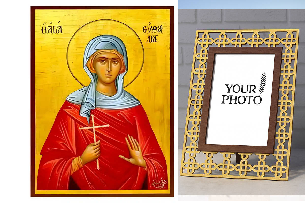 Εικόνα Ορθοδοξίας Πολυτελείας  με  σχεδιο Σταυρούς μαζι με  Βάση σε  8 χρώματα με περίγραμμα χρυσό σε ξύλο Plywood (Πλακάζ)   με  βάση Εικόνα Αγία Ευθαλία Χειροποίητη Ελληνορθόδοξη , Κρεμαστή πλάκα βυζαντινής τέχνης, χριστιανική τέχνη Διάσταση 10x7 cm (3,