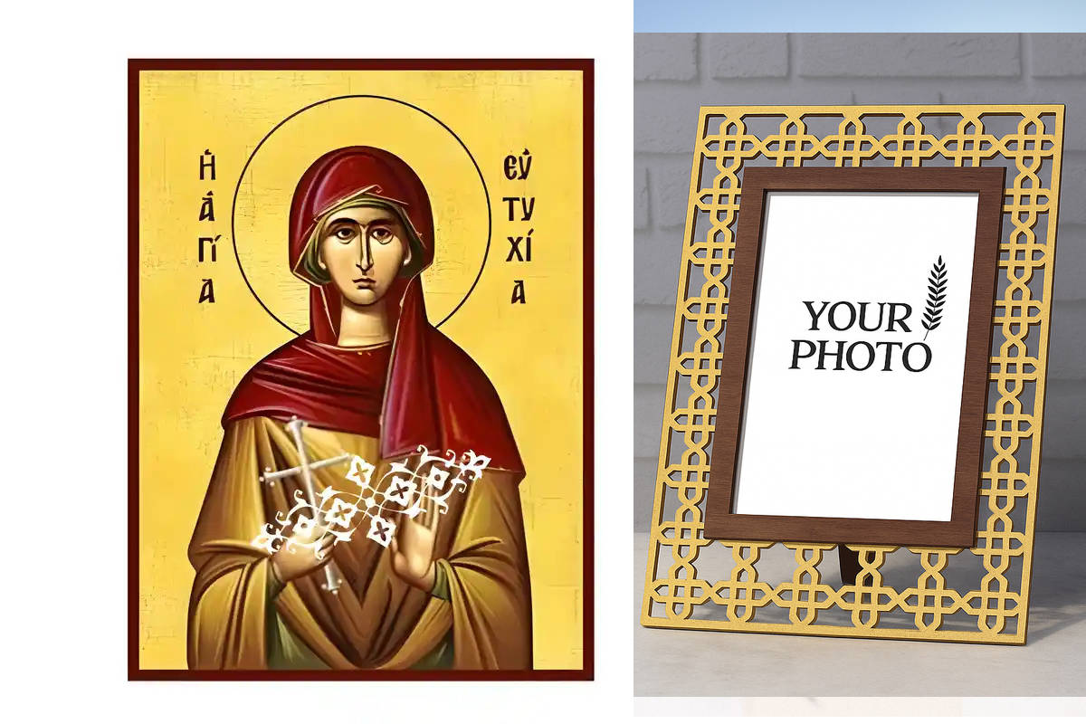 Εικόνα Ορθοδοξίας Πολυτελείας  με  σχεδιο Σταυρούς μαζι με  Βάση σε  8 χρώματα με περίγραμμα χρυσό σε ξύλο Plywood (Πλακάζ)   με  βάση Εικόνα Αγια Ευτυχια Χειροποίητη Ελληνορθόδοξη , Κρεμαστή πλάκα βυζαντινής τέχνης, χριστιανική τέχνη Διάσταση 10x7 cm (3,