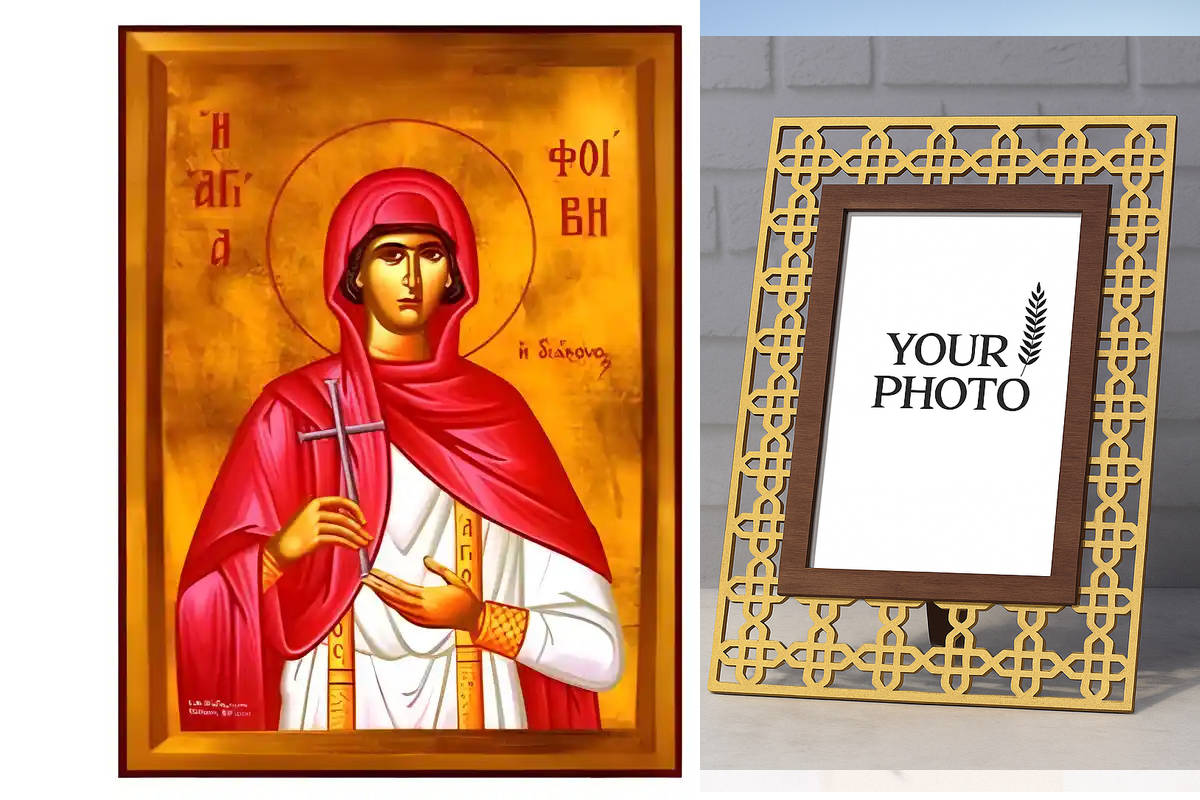 Σετ των 2 Εικόνα Ορθοδοξίας Πολυτελείας  με  σχεδιο Σταυρούς μαζι με  Βάση σε  8 χρώματα με περίγραμμα χρυσό σε ξύλο Plywood (Πλακάζ)   με  βάση Εικόνα Αγία Φοίβη η Διάκονος Χειροποίητη Ελληνορθόδοξη , Κρεμαστή πλάκα βυζαντινής τέχνης, χριστιανική τέχνη Δ