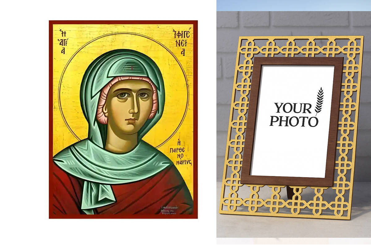 Εικόνα Ορθοδοξίας Πολυτελείας  με  σχεδιο Σταυρούς μαζι με  Βάση σε  8 χρώματα με περίγραμμα χρυσό σε ξύλο Plywood (Πλακάζ)   με  βάση Εικόνα Αγία Ιφιγένεια Χειροποίητη Ελληνορθόδοξη , Κρεμαστή πλάκα βυζαντινής τέχνης, χριστιανική τέχνη Διάσταση 10x7 cm (