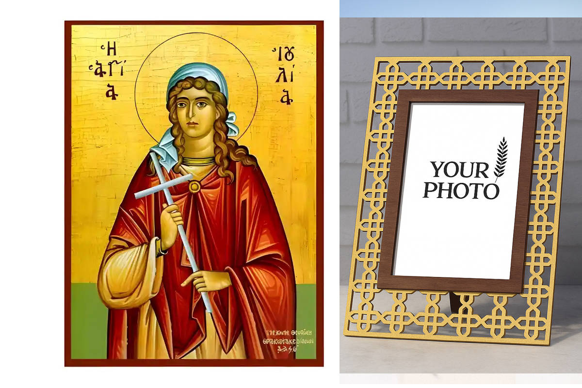 Εικόνα Ορθοδοξίας Πολυτελείας  με  σχεδιο Σταυρούς μαζι με  Βάση σε  8 χρώματα με περίγραμμα χρυσό σε ξύλο Plywood (Πλακάζ)   με  βάση Εικόνα Αγία Ιουλία Χειροποίητη Ελληνορθόδοξη , Κρεμαστή πλάκα βυζαντινής τέχνης, χριστιανική τέχνη Διάσταση 10x7 cm (3,9