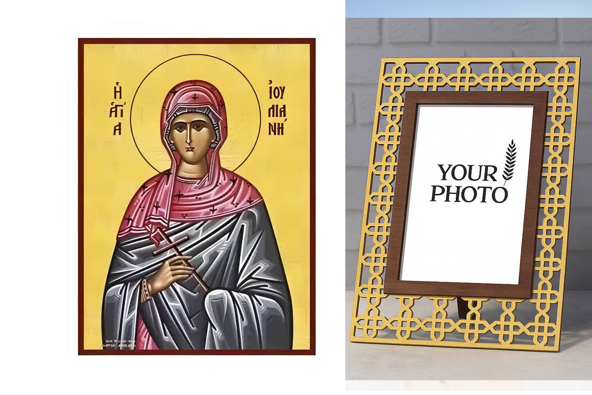 Εικόνα Ορθοδοξίας Πολυτελείας  με  σχεδιο Σταυρούς μαζι με  Βάση σε  8 χρώματα με περίγραμμα χρυσό σε ξύλο Plywood (Πλακάζ)   με  βάση Εικόνα Αγία Ιουλιανή Χειροποίητη Ελληνορθόδοξη , Κρεμαστή πλάκα βυζαντινής τέχνης, χριστιανική τέχνη Διάσταση 10x7 cm (3