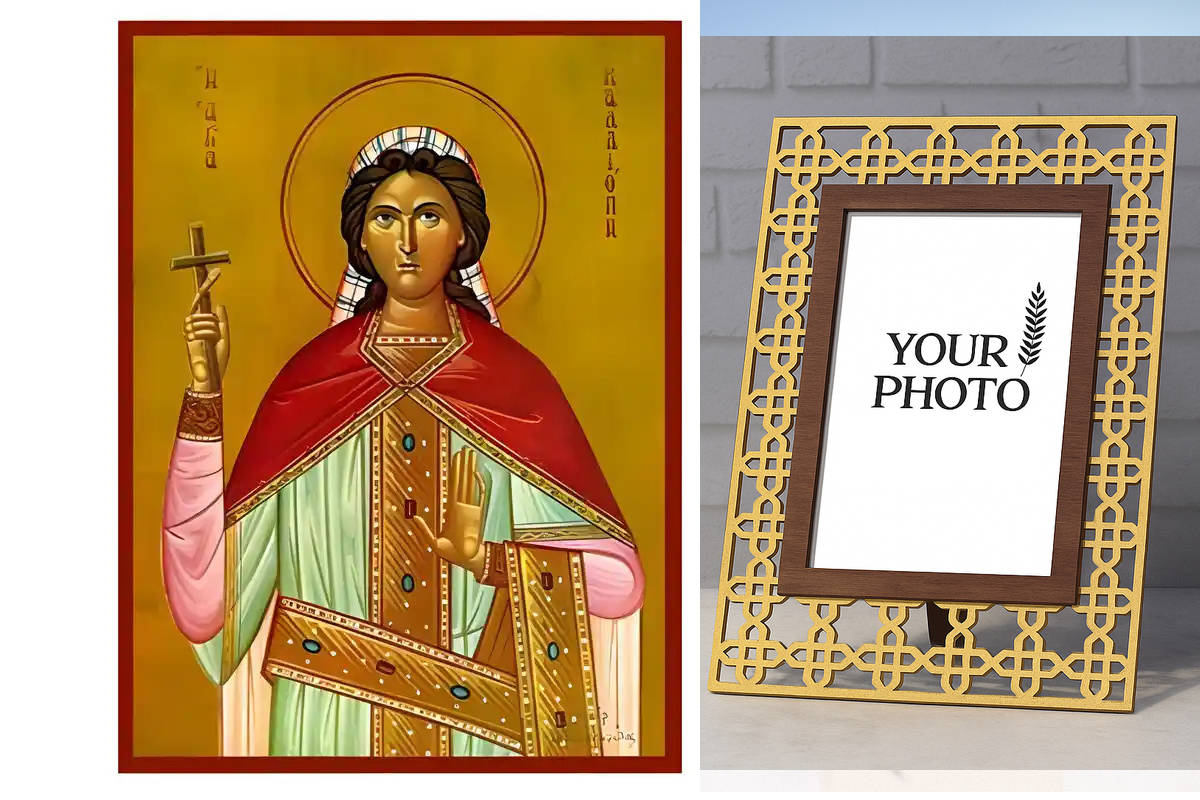 Εικόνα Ορθοδοξίας Πολυτελείας  με  σχεδιο Σταυρούς μαζι με  Βάση σε  8 χρώματα με περίγραμμα χρυσό σε ξύλο Plywood (Πλακάζ)   με  βάση Εικόνα Αγία Καλλιόπη Χειροποίητη Ελληνορθόδοξη , Κρεμαστή πλάκα βυζαντινής τέχνης, χριστιανική τέχνη Διάσταση 10x7 cm (3