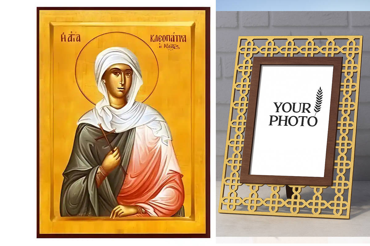 Εικόνα Ορθοδοξίας Πολυτελείας  με  σχεδιο Σταυρούς μαζι με  Βάση σε  8 χρώματα με περίγραμμα χρυσό σε ξύλο Plywood (Πλακάζ)   με  βάση Εικόνα Αγία Κλεοπάτρα Χειροποίητη Ελληνορθόδοξη , Κρεμαστή πλάκα βυζαντινής τέχνης, χριστιανική τέχνη Διάσταση 10x7 cm (