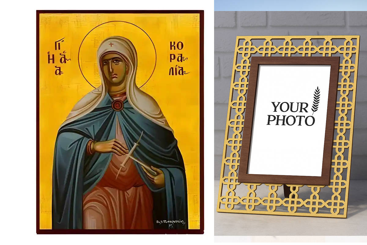 Εικόνα Ορθοδοξίας Πολυτελείας  με  σχεδιο Σταυρούς μαζι με  Βάση σε  8 χρώματα με περίγραμμα χρυσό σε ξύλο Plywood (Πλακάζ)   με  βάση Εικόνα Αγία Κοραλία Χειροποίητη Ελληνορθόδοξη , Κρεμαστή πλάκα βυζαντινής τέχνης, χριστιανική τέχνη Διάσταση 10x7 cm (3,