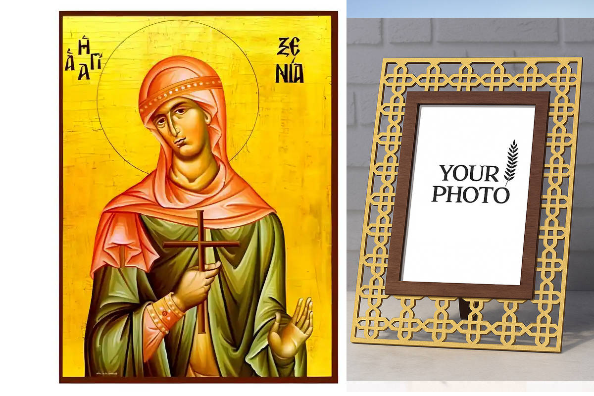 Εικόνα Ορθοδοξίας Πολυτελείας  με  σχεδιο Σταυρούς μαζι με  Βάση σε  8 χρώματα με περίγραμμα χρυσό σε ξύλο Plywood (Πλακάζ)   με  βάση Εικόνα Αγία Ξενία Χειροποίητη Ελληνορθόδοξη , Κρεμαστή πλάκα βυζαντινής τέχνης, χριστιανική τέχνη Διάσταση 10x7 cm (3,9