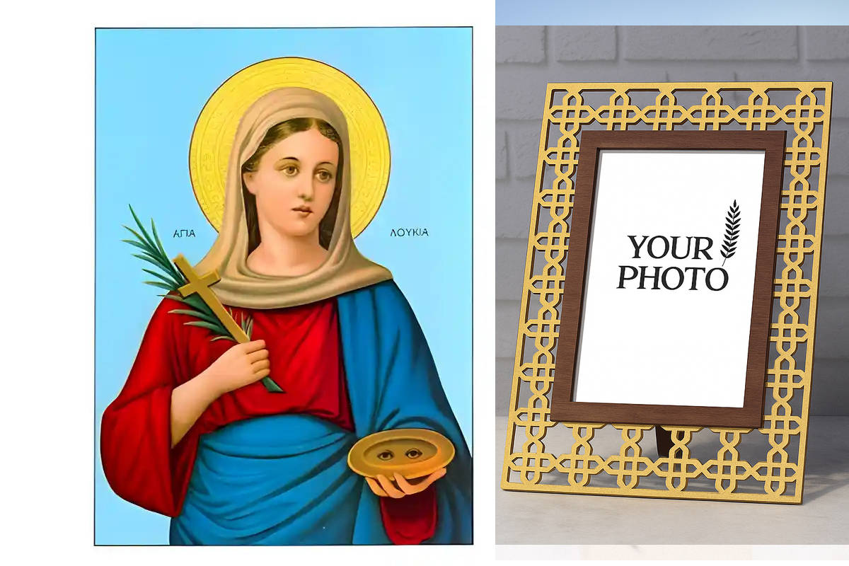 Εικόνα Ορθοδοξίας Πολυτελείας  με  σχεδιο Σταυρούς μαζι με  Βάση σε  8 χρώματα με περίγραμμα χρυσό σε ξύλο Plywood (Πλακάζ)   με  βάση Εικόνα Αγία Λουκία Χειροποίητη Ελληνορθόδοξη , Κρεμαστή πλάκα βυζαντινής τέχνης, χριστιανική τέχνη Διάσταση 10x7 cm (3,9