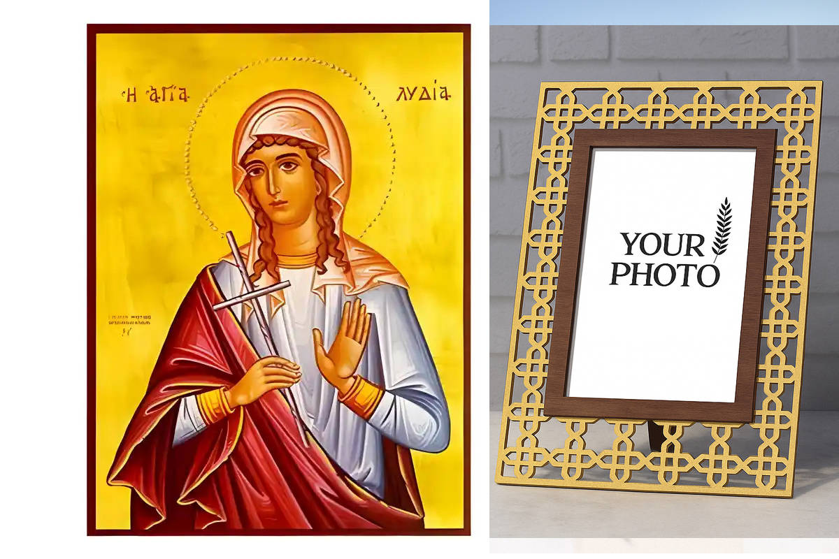 Εικόνα Ορθοδοξίας Πολυτελείας  με  σχεδιο Σταυρούς μαζι με  Βάση σε  8 χρώματα με περίγραμμα χρυσό σε ξύλο Plywood (Πλακάζ)   με  βάση Εικόνα Αγία Λυδία Χειροποίητη Ελληνορθόδοξη , Κρεμαστή πλάκα βυζαντινής τέχνης, χριστιανική τέχνη Διάσταση 10x7 cm (3,9