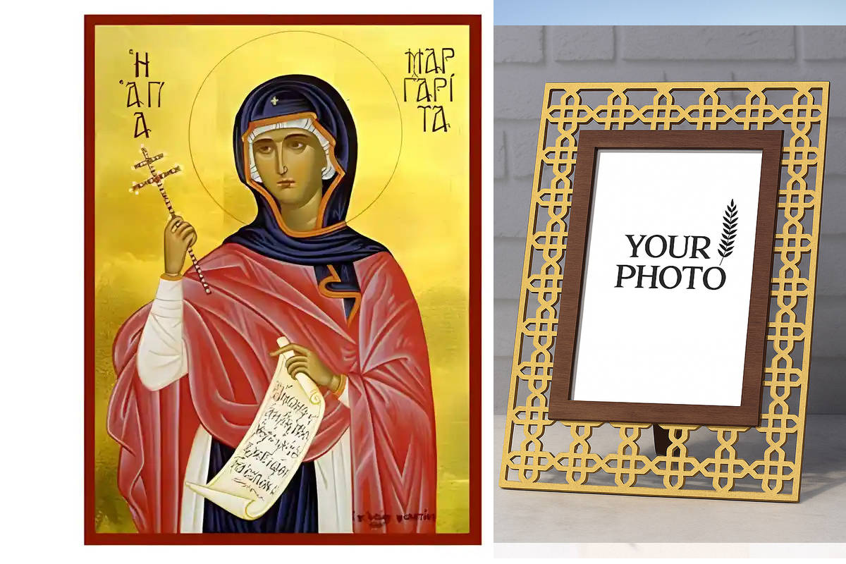 Εικόνα Ορθοδοξίας Πολυτελείας  με  σχεδιο Σταυρούς μαζι με  Βάση σε  8 χρώματα με περίγραμμα χρυσό σε ξύλο Plywood (Πλακάζ)   με  βάση Εικόνα Αγία Μαργαρίτα Χειροποίητη Ελληνορθόδοξη , Κρεμαστή πλάκα βυζαντινής τέχνης, χριστιανική τέχνη Διάσταση 10x7 cm (