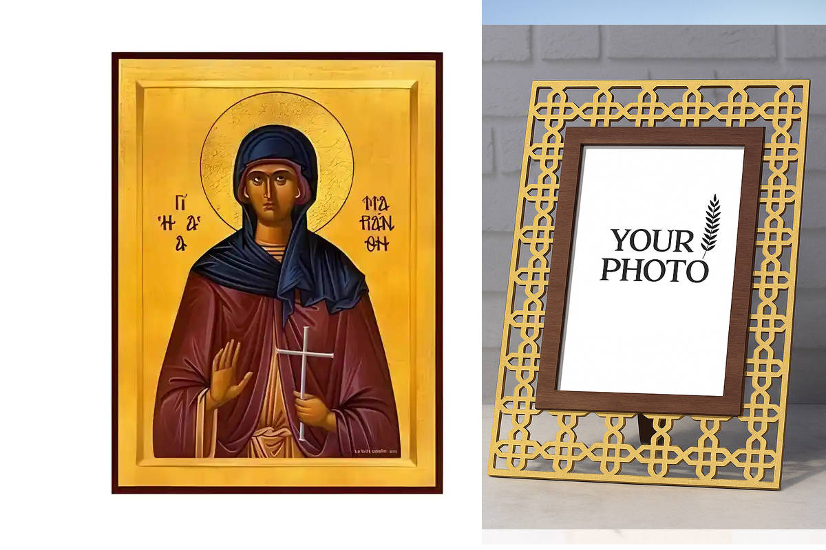 Εικόνα Ορθοδοξίας Πολυτελείας  με  σχεδιο Σταυρούς μαζι με  Βάση σε  8 χρώματα με περίγραμμα χρυσό σε ξύλο Plywood (Πλακάζ)   με  βάση Εικόνα Αγία Μαριάνθη Χειροποίητη Ελληνορθόδοξη , Κρεμαστή πλάκα βυζαντινής τέχνης, χριστιανική τέχνη Διάσταση 10x7 cm (3