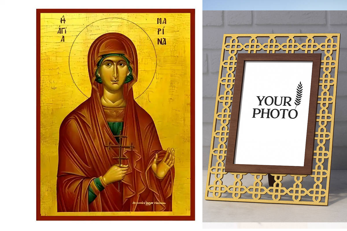 Εικόνα Ορθοδοξίας Πολυτελείας  με  σχεδιο Σταυρούς μαζι με  Βάση σε  8 χρώματα με περίγραμμα χρυσό σε ξύλο Plywood (Πλακάζ)   με  βάση Εικόνα Αγία Μαρίνα Χειροποίητη Ελληνορθόδοξη , Κρεμαστή πλάκα βυζαντινής τέχνης, χριστιανική τέχνη Διάσταση 10x7 cm (3,9