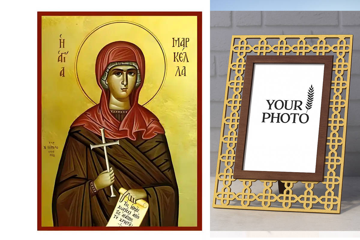 Εικόνα Ορθοδοξίας Πολυτελείας  με  σχεδιο Σταυρούς μαζι με  Βάση σε  8 χρώματα με περίγραμμα χρυσό σε ξύλο Plywood (Πλακάζ)   με  βάση Εικόνα Αγία Μαρκέλλα Χειροποίητη Ελληνορθόδοξη , Κρεμαστή πλάκα βυζαντινής τέχνης, χριστιανική τέχνη Διάσταση 10x7 cm (3