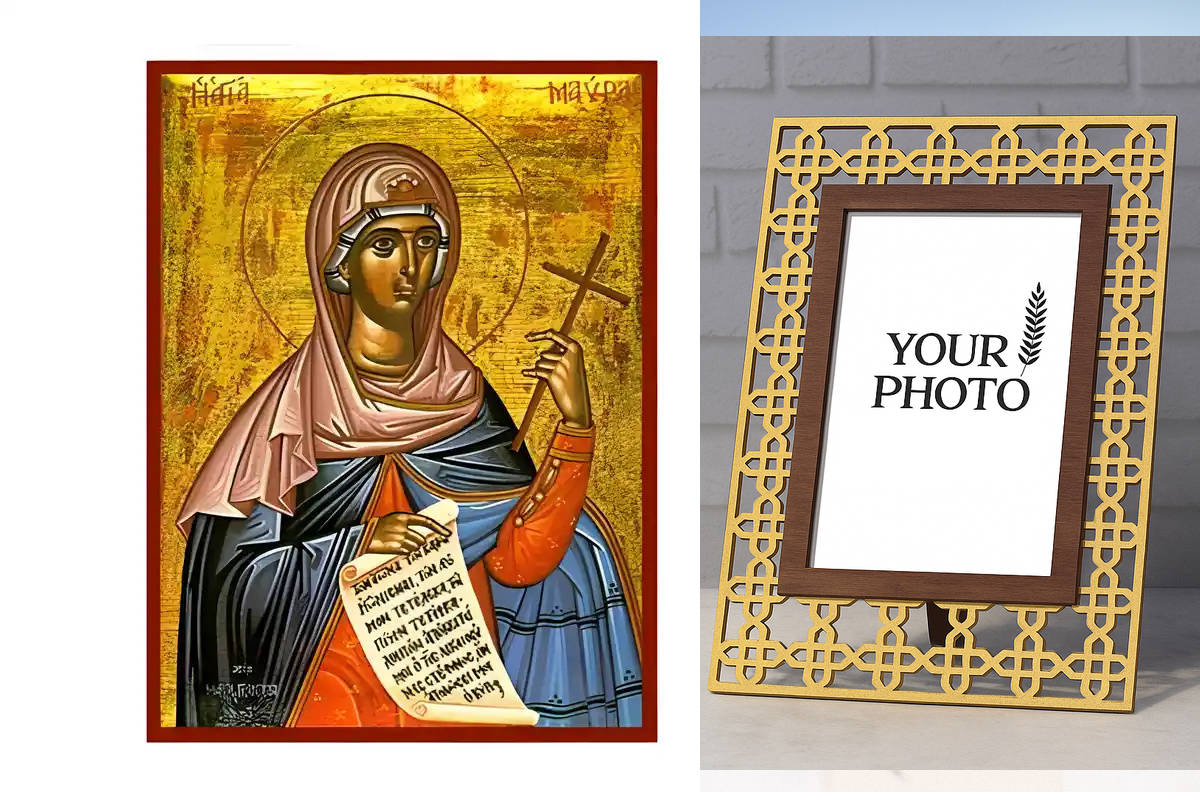 Εικόνα Ορθοδοξίας Πολυτελείας  με  σχεδιο Σταυρούς μαζι με  Βάση σε  8 χρώματα με περίγραμμα χρυσό σε ξύλο Plywood (Πλακάζ)   με  βάση Εικόνα Αγία Μαύρα Χειροποίητη Ελληνορθόδοξη , Κρεμαστή πλάκα βυζαντινής τέχνης, χριστιανική τέχνη Διάσταση 10x7 cm (3,9