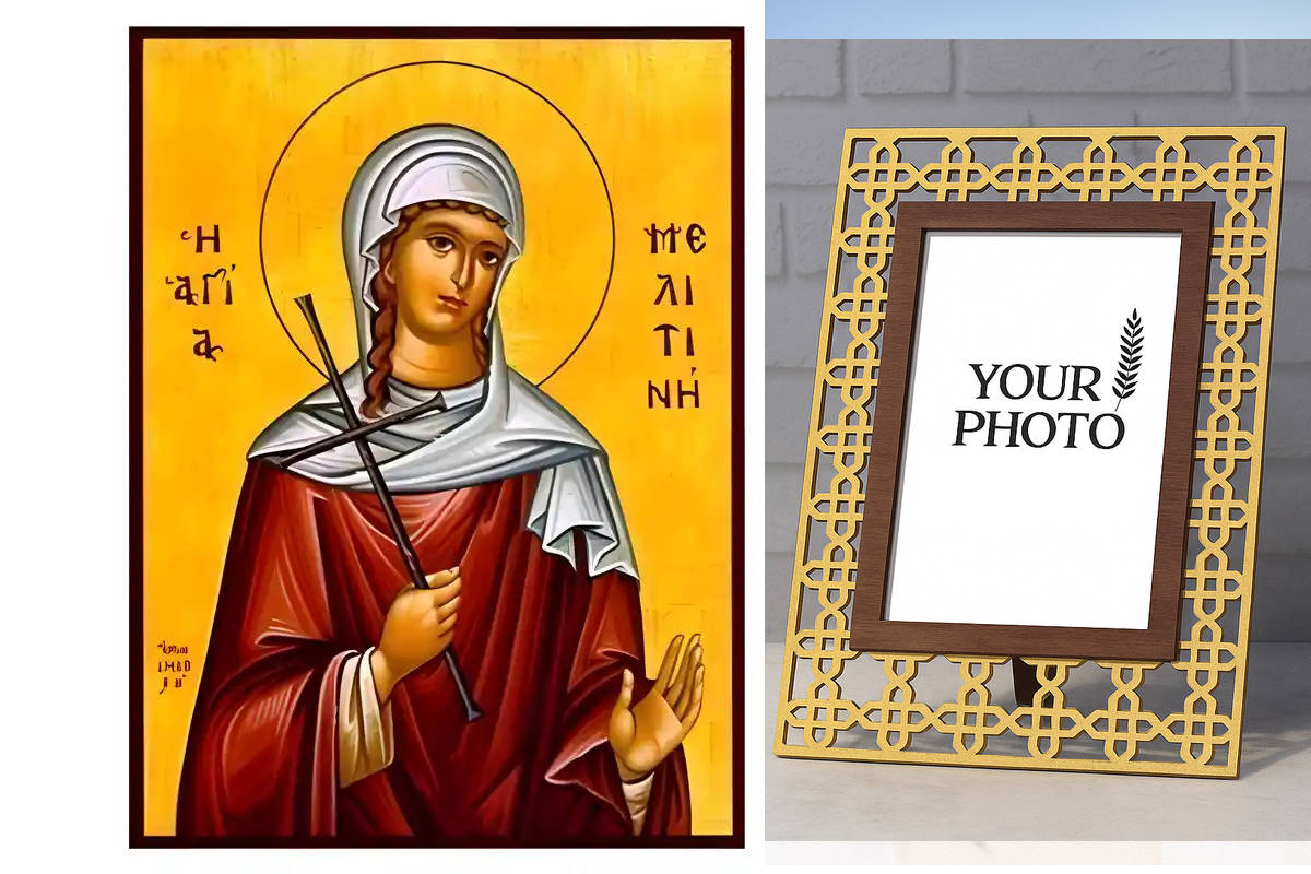 Εικόνα Ορθοδοξίας Πολυτελείας  με  σχεδιο Σταυρούς μαζι με  Βάση σε  8 χρώματα με περίγραμμα χρυσό σε ξύλο Plywood (Πλακάζ)   με  βάση Εικόνα Αγία Μελιτίνη Χειροποίητη Ελληνορθόδοξη , Κρεμαστή πλάκα βυζαντινής τέχνης, χριστιανική τέχνη Διάσταση 10x7 cm (3