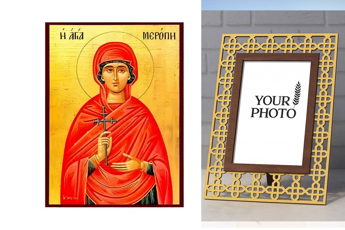 Εικόνα Ορθοδοξίας Πολυτελείας  με  σχεδιο Σταυρούς μαζι με  Βάση σε  8 χρώματα με περίγραμμα χρυσό σε ξύλο Plywood (Πλακάζ)   με  βάση Εικόνα Αγία Μερόπη Χειροποίητη Ελληνορθόδοξη , Κρεμαστή πλάκα βυζαντινής τέχνης, χριστιανική τέχνη Διάσταση 10x7 cm (3,9