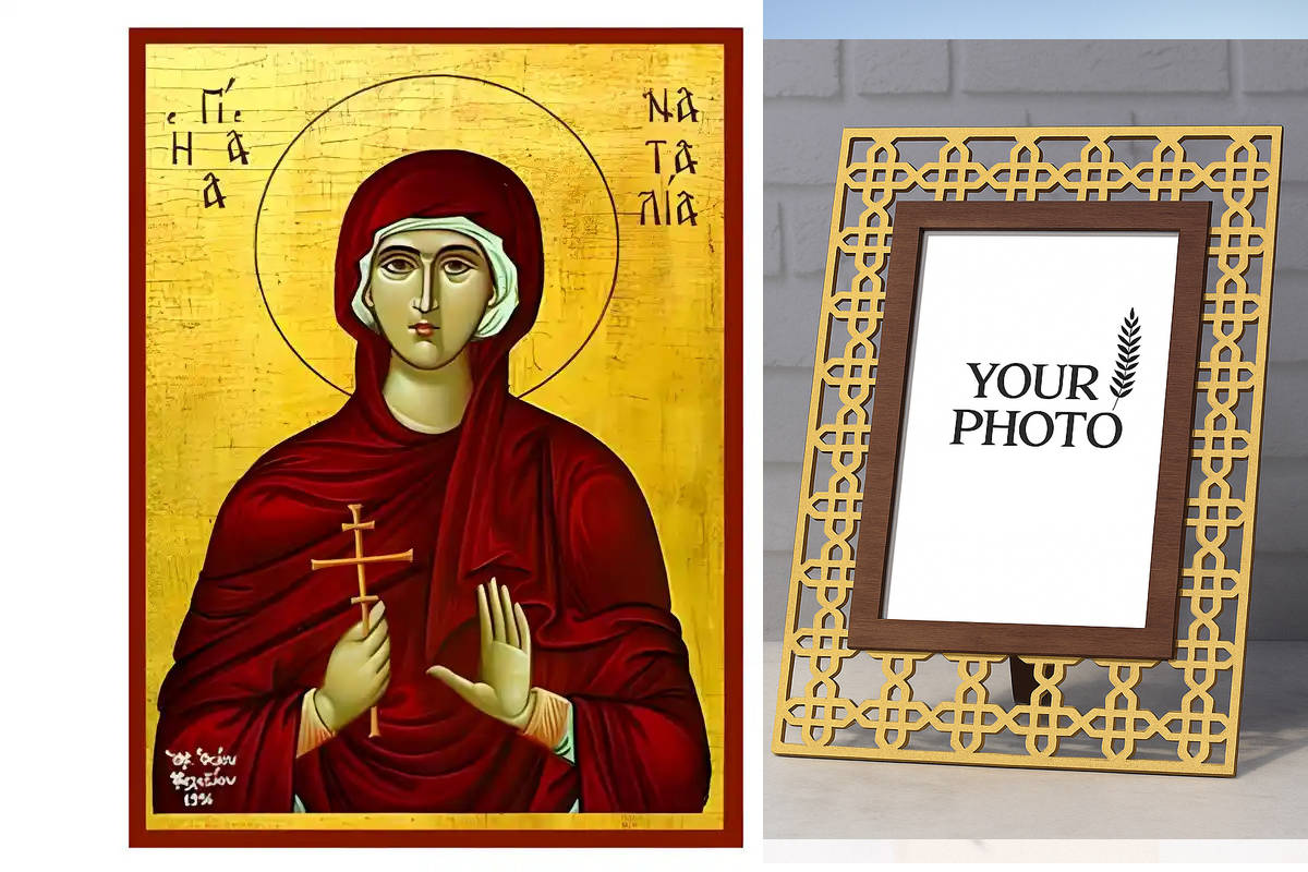 Εικόνα Ορθοδοξίας Πολυτελείας  με  σχεδιο Σταυρούς μαζι με  Βάση σε  8 χρώματα με περίγραμμα χρυσό σε ξύλο Plywood (Πλακάζ)   με  βάση Εικόνα Αγία Ναταλία Χειροποίητη Ελληνορθόδοξη , Κρεμαστή πλάκα βυζαντινής τέχνης, χριστιανική τέχνη Διάσταση 10x7 cm (3,