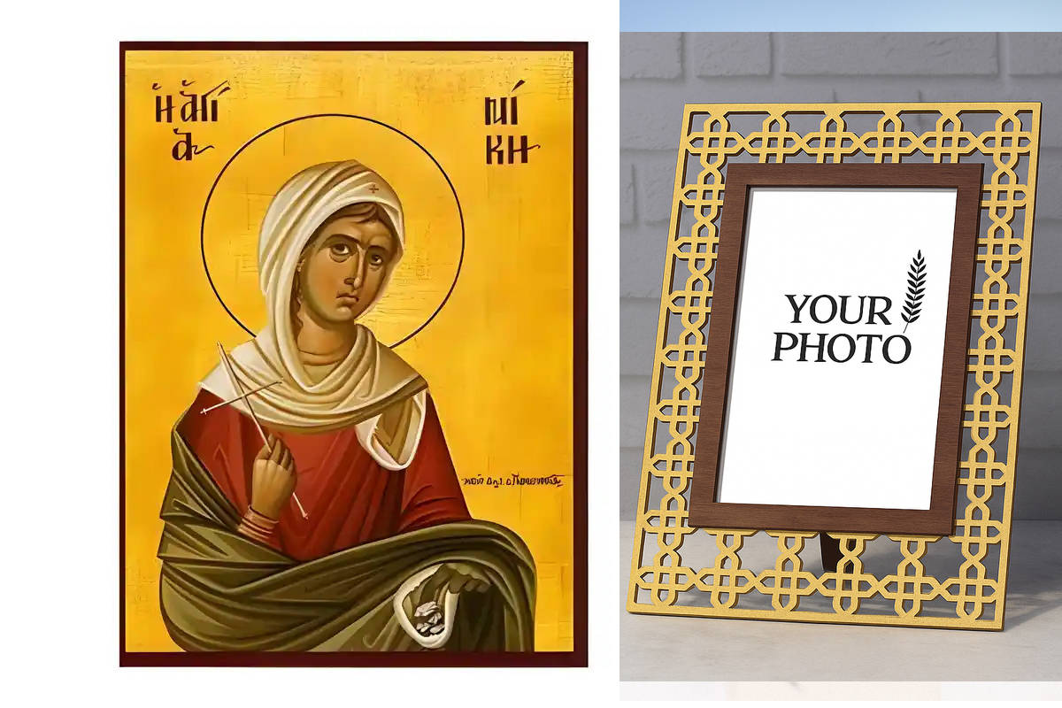 Εικόνα Ορθοδοξίας Πολυτελείας  με  σχεδιο Σταυρούς μαζι με  Βάση σε  8 χρώματα με περίγραμμα χρυσό σε ξύλο Plywood (Πλακάζ)   με  βάση Εικόνα Αγία Νίκη Χειροποίητη Ελληνορθόδοξη , Κρεμαστή πλάκα βυζαντινής τέχνης, χριστιανική τέχνη Διάσταση 10x7 cm (3,9 x