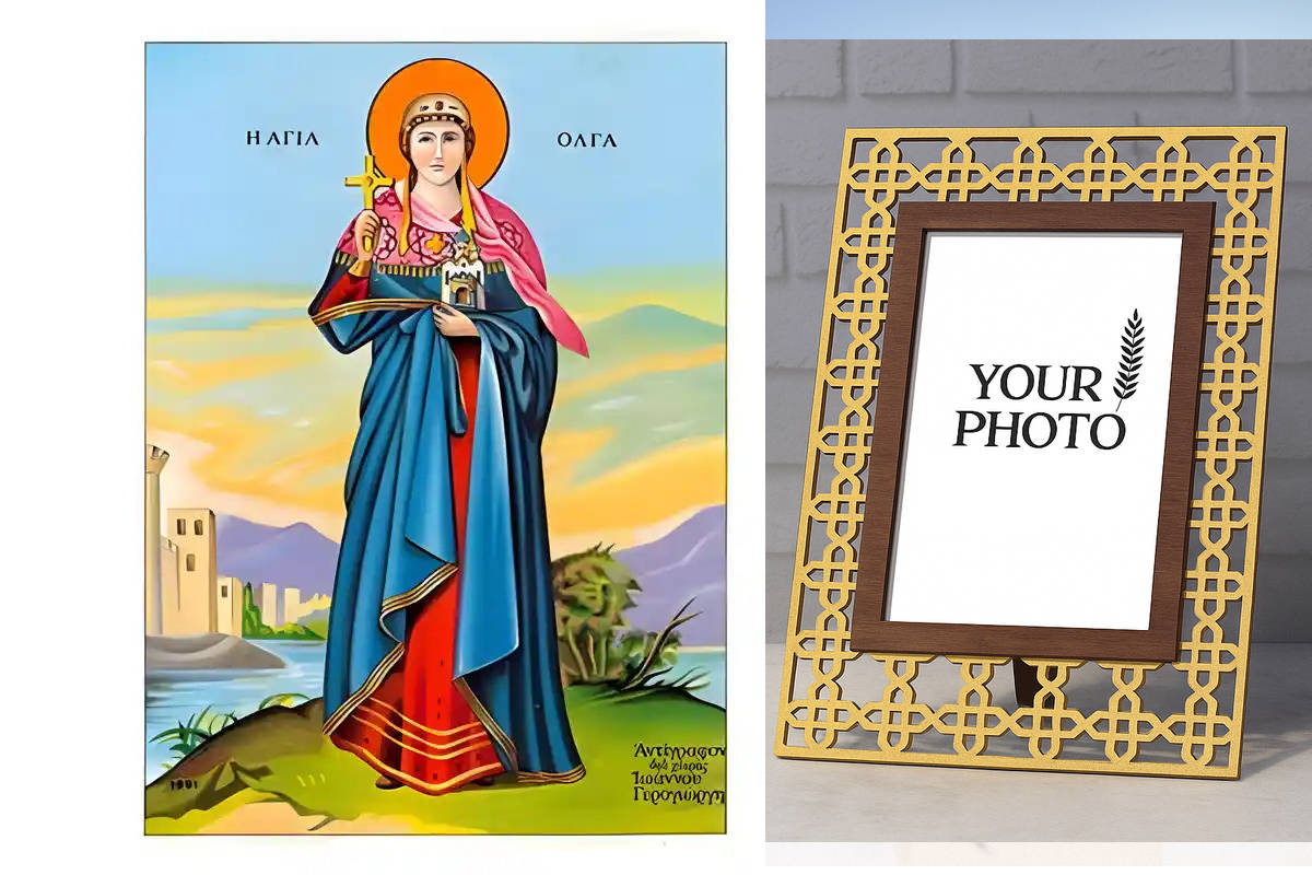 Εικόνα Ορθοδοξίας Πολυτελείας  με  σχεδιο Σταυρούς μαζι με  Βάση σε  8 χρώματα με περίγραμμα χρυσό σε ξύλο Plywood (Πλακάζ)   με  βάση Εικόνα Αγία Όλγα Χειροποίητη Ελληνορθόδοξη , Κρεμαστή πλάκα βυζαντινής τέχνης, χριστιανική τέχνη Διάσταση 10x7 cm (3,9 x