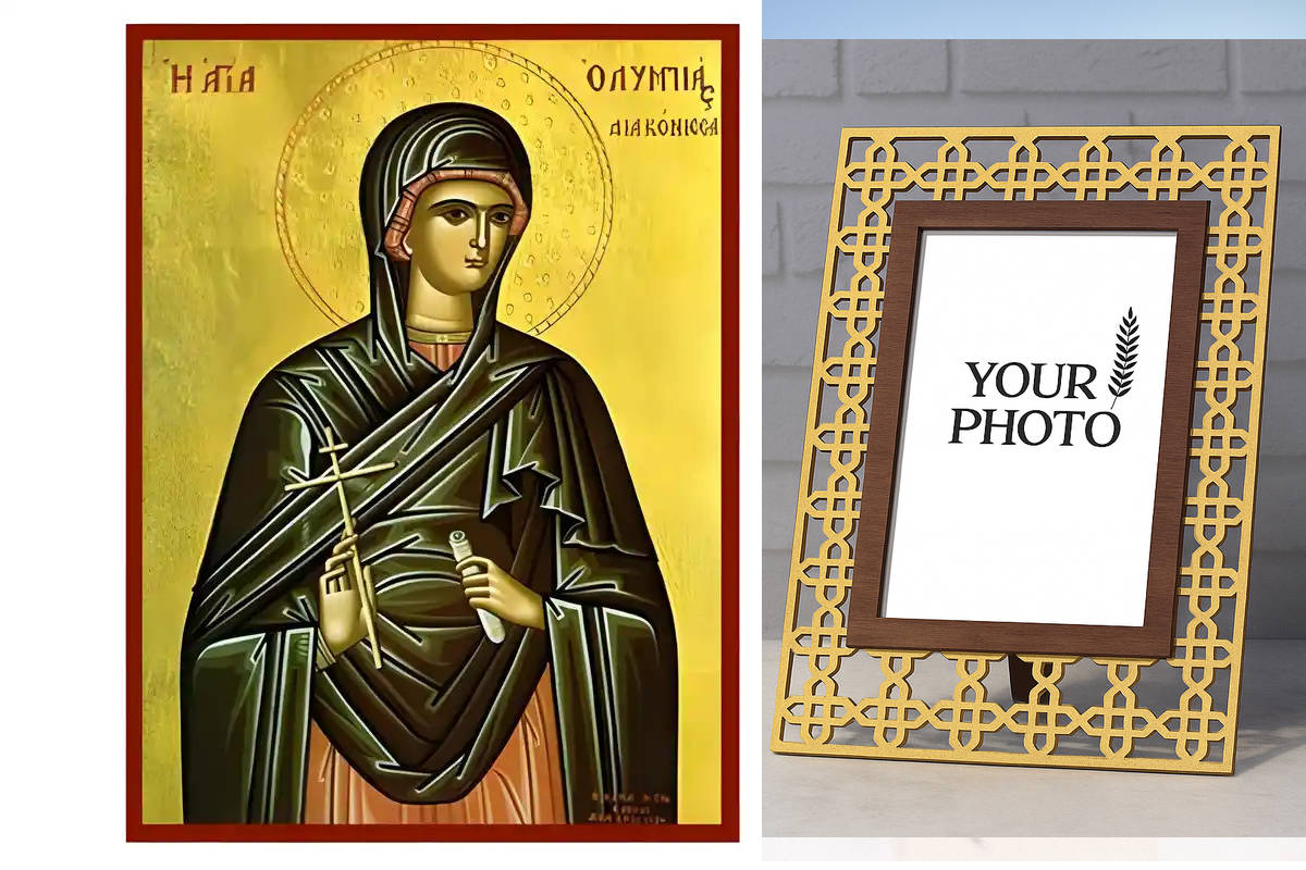 Εικόνα Ορθοδοξίας Πολυτελείας  με  σχεδιο Σταυρούς μαζι με  Βάση σε  8 χρώματα με περίγραμμα χρυσό σε ξύλο Plywood (Πλακάζ)   με  βάση Εικόνα Αγία Ολυμπιάς Χειροποίητη Ελληνορθόδοξη , Κρεμαστή πλάκα βυζαντινής τέχνης, χριστιανική τέχνη Διάσταση 10x7 cm (3