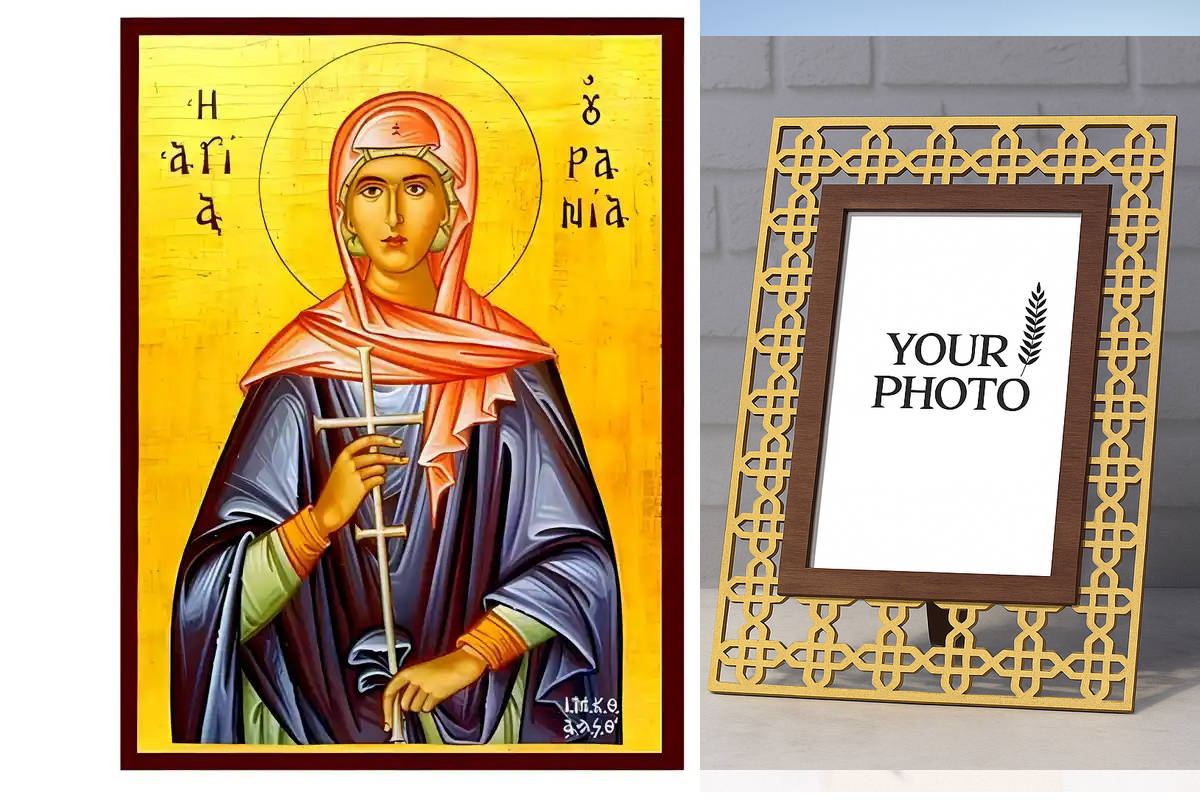 Εικόνα Ορθοδοξίας Πολυτελείας  με  σχεδιο Σταυρούς μαζι με  Βάση σε  8 χρώματα με περίγραμμα χρυσό σε ξύλο Plywood (Πλακάζ)   με  βάση Εικόνα Αγία Ουρανία Χειροποίητη Ελληνορθόδοξη , Κρεμαστή πλάκα βυζαντινής τέχνης, χριστιανική τέχνη Διάσταση 10x7 cm (3,