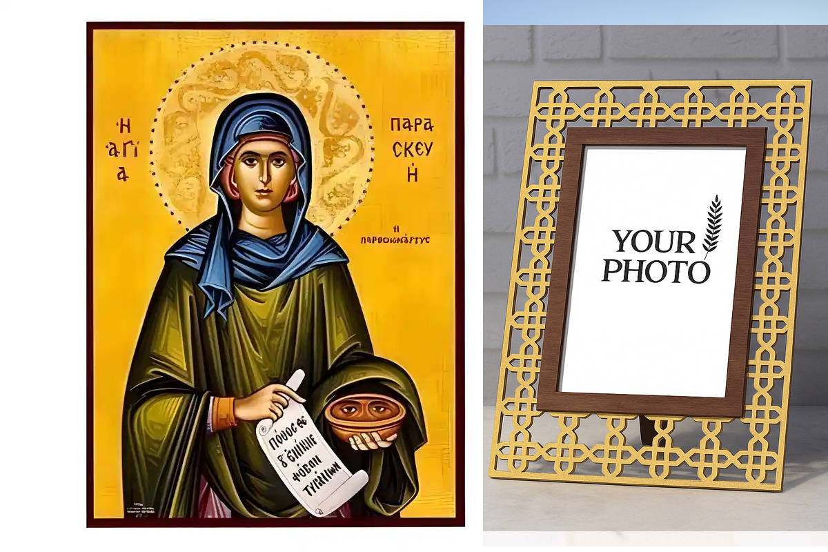 Εικόνα Ορθοδοξίας Πολυτελείας  με  σχεδιο Σταυρούς μαζι με  Βάση σε  8 χρώματα με περίγραμμα χρυσό σε ξύλο Plywood (Πλακάζ)   με  βάση Εικόνα Αγία Παρασκευή Χειροποίητη Ελληνορθόδοξη , Κρεμαστή πλάκα βυζαντινής τέχνης, χριστιανική τέχνη Διάσταση 10x7 cm (