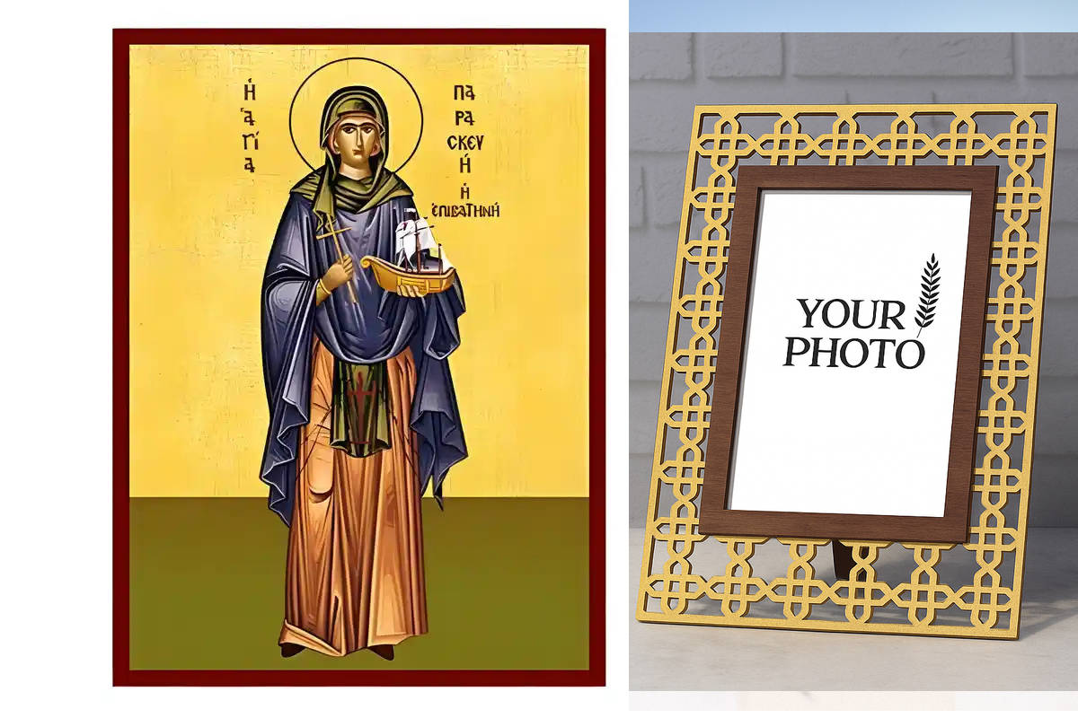 Σετ των 2 Εικόνα Ορθοδοξίας Πολυτελείας  με  σχεδιο Σταυρούς μαζι με  Βάση σε  8 χρώματα με περίγραμμα χρυσό σε ξύλο Plywood (Πλακάζ)   με  βάση Εικόνα Αγία Παρασκευή Επιβατηνή Χειροποίητη Ελληνορθόδοξη , Κρεμαστή πλάκα βυζαντινής τέχνης, χριστιανική τέχν