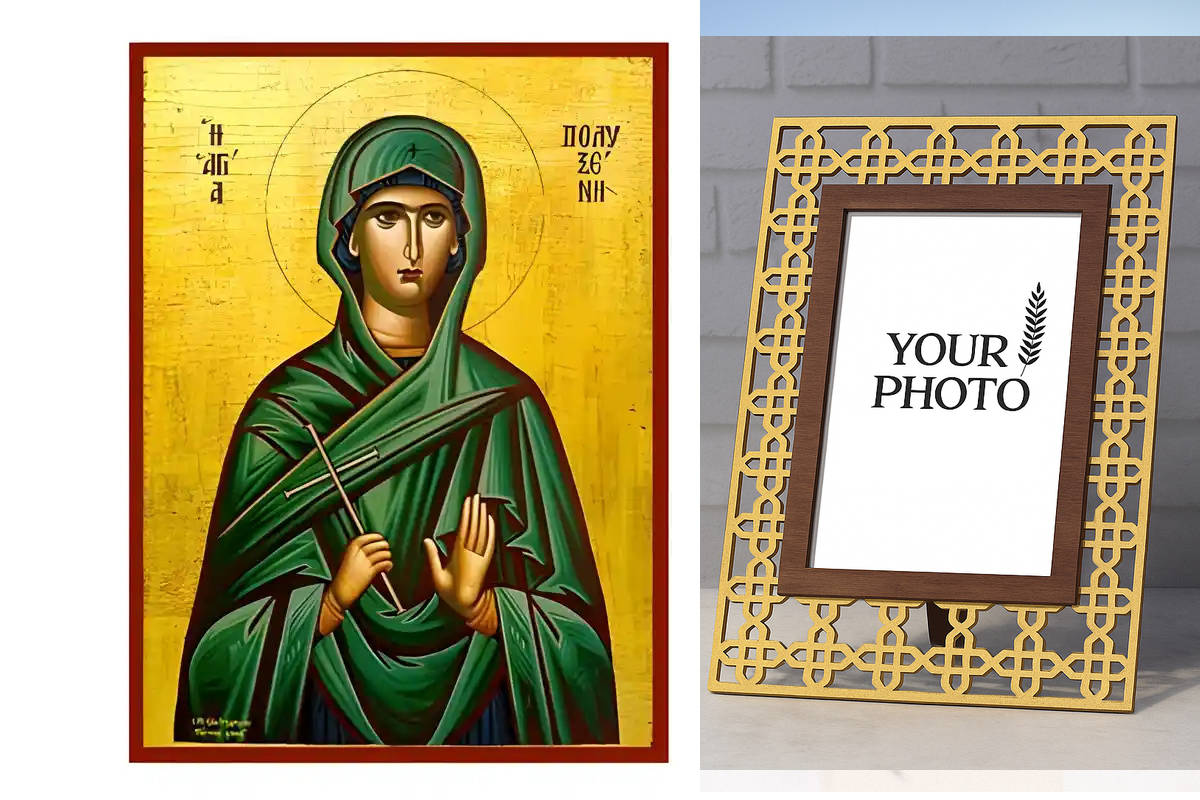 Σετ των 2 Εικόνα Ορθοδοξίας Πολυτελείας  με  σχεδιο Σταυρούς μαζι με  Βάση σε  8 χρώματα με περίγραμμα χρυσό σε ξύλο Plywood (Πλακάζ)   με  βάση Εικόνα Αγία Πολυξένη Χειροποίητη Ελληνορθόδοξη , Κρεμαστή πλάκα βυζαντινής τέχνης, χριστιανική τέχνη Διάσταση