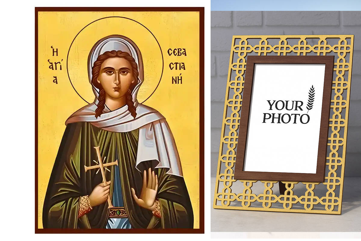 Σετ των 2 Εικόνα Ορθοδοξίας Πολυτελείας  με  σχεδιο Σταυρούς μαζι με  Βάση σε  8 χρώματα με περίγραμμα χρυσό σε ξύλο Plywood (Πλακάζ)   με  βάση Εικόνα Αγία Σεβαστιανή Χειροποίητη Ελληνορθόδοξη , Κρεμαστή πλάκα βυζαντινής τέχνης, χριστιανική τέχνη Διάστασ