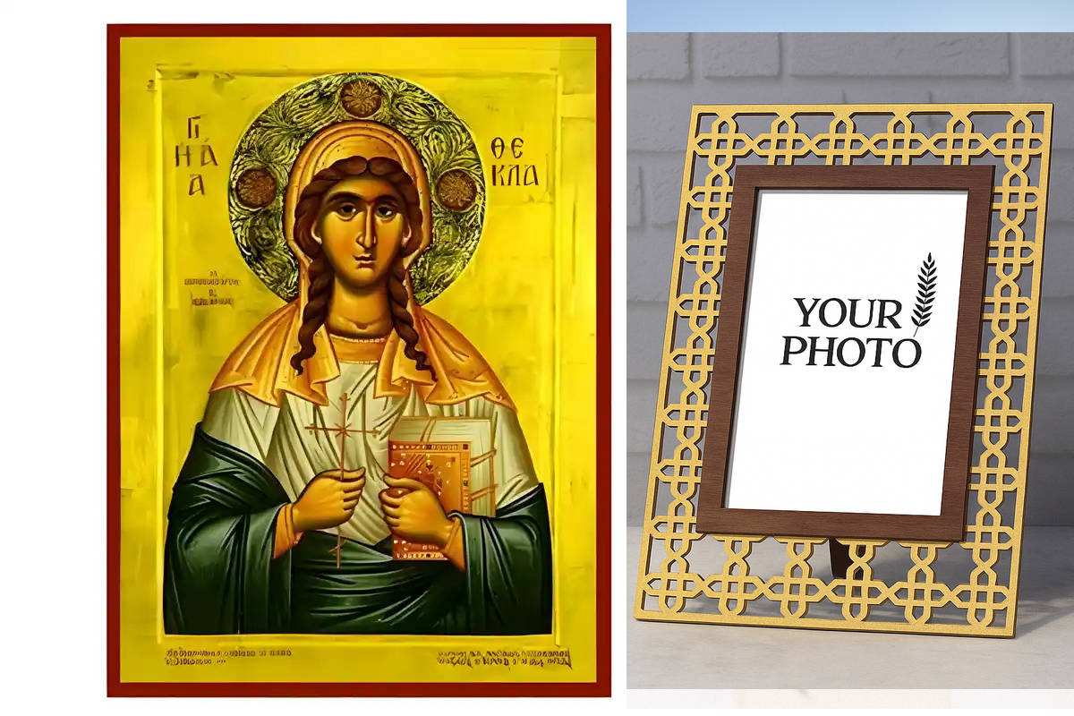 Εικόνα Ορθοδοξίας Πολυτελείας  με  σχεδιο Σταυρούς μαζι με  Βάση σε  8 χρώματα με περίγραμμα χρυσό σε ξύλο Plywood (Πλακάζ)   με  βάση Εικόνα Αγία Θέκλα Χειροποίητη Ελληνορθόδοξη , Κρεμαστή πλάκα βυζαντινής τέχνης, χριστιανική τέχνη Διάσταση 10x7 cm (3,9