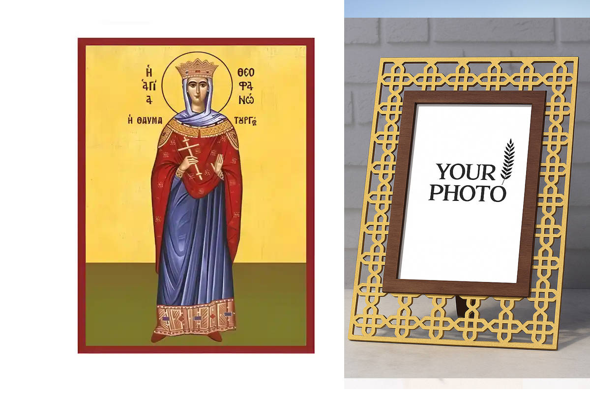 Εικόνα Ορθοδοξίας Πολυτελείας  με  σχεδιο Σταυρούς μαζι με  Βάση σε  8 χρώματα με περίγραμμα χρυσό σε ξύλο Plywood (Πλακάζ)   με  βάση Εικόνα Αγία Θεοφανώ Χειροποίητη Ελληνορθόδοξη , Κρεμαστή πλάκα βυζαντινής τέχνης, χριστιανική τέχνη Διάσταση 10x7 cm (3,