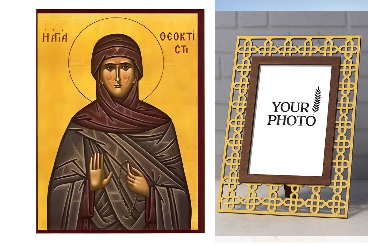 Εικόνα Ορθοδοξίας Πολυτελείας  με  σχεδιο Σταυρούς μαζι με  Βάση σε  8 χρώματα με περίγραμμα χρυσό σε ξύλο Plywood (Πλακάζ)   με  βάση Εικόνα Αγία Θεοκτίστη Χειροποίητη Ελληνορθόδοξη , Κρεμαστή πλάκα βυζαντινής τέχνης, χριστιανική τέχνη Διάσταση 10x7 cm (