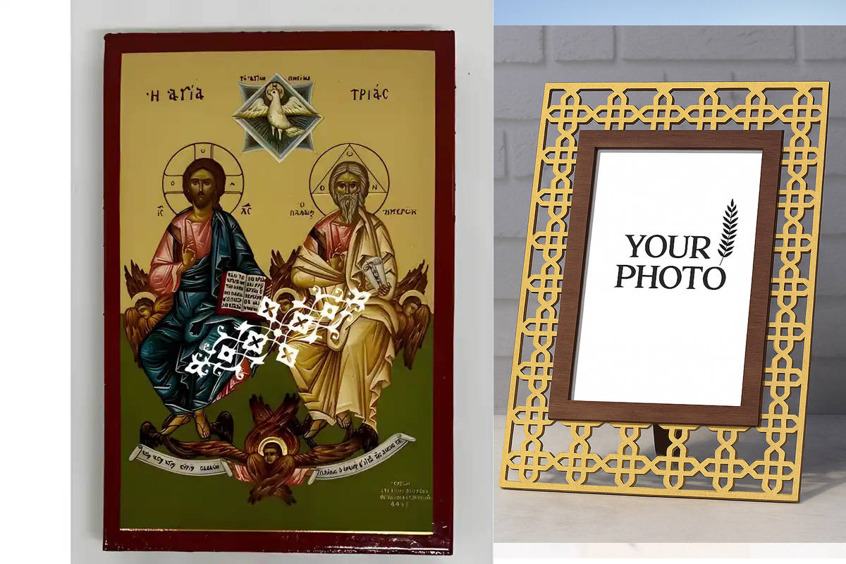 Εικόνα Ορθοδοξίας Πολυτελείας  με  σχεδιο Σταυρούς μαζι με  Βάση σε  8 χρώματα με περίγραμμα χρυσό σε ξύλο Plywood (Πλακάζ)   με  βάση Εικόνα Αγία Τριάδα Χειροποίητη Ελληνορθόδοξη , Κρεμαστή πλάκα βυζαντινής τέχνης, χριστιανική τέχνη Διάσταση 10x7 cm (3,9