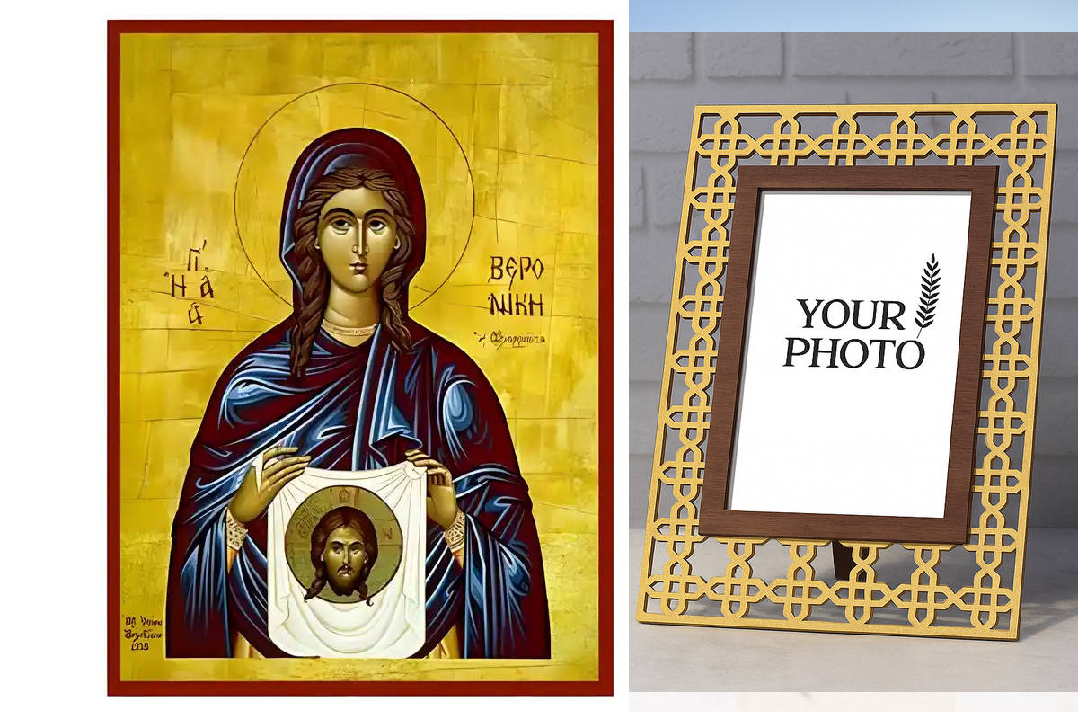 Εικόνα Ορθοδοξίας Πολυτελείας  με  σχεδιο Σταυρούς μαζι με  Βάση σε  8 χρώματα με περίγραμμα χρυσό σε ξύλο Plywood (Πλακάζ)   με  βάση Εικόνα Αγία Βερονίκη Χειροποίητη Ελληνορθόδοξη , Κρεμαστή πλάκα βυζαντινής τέχνης, χριστιανική τέχνη Διάσταση 10x7 cm (3