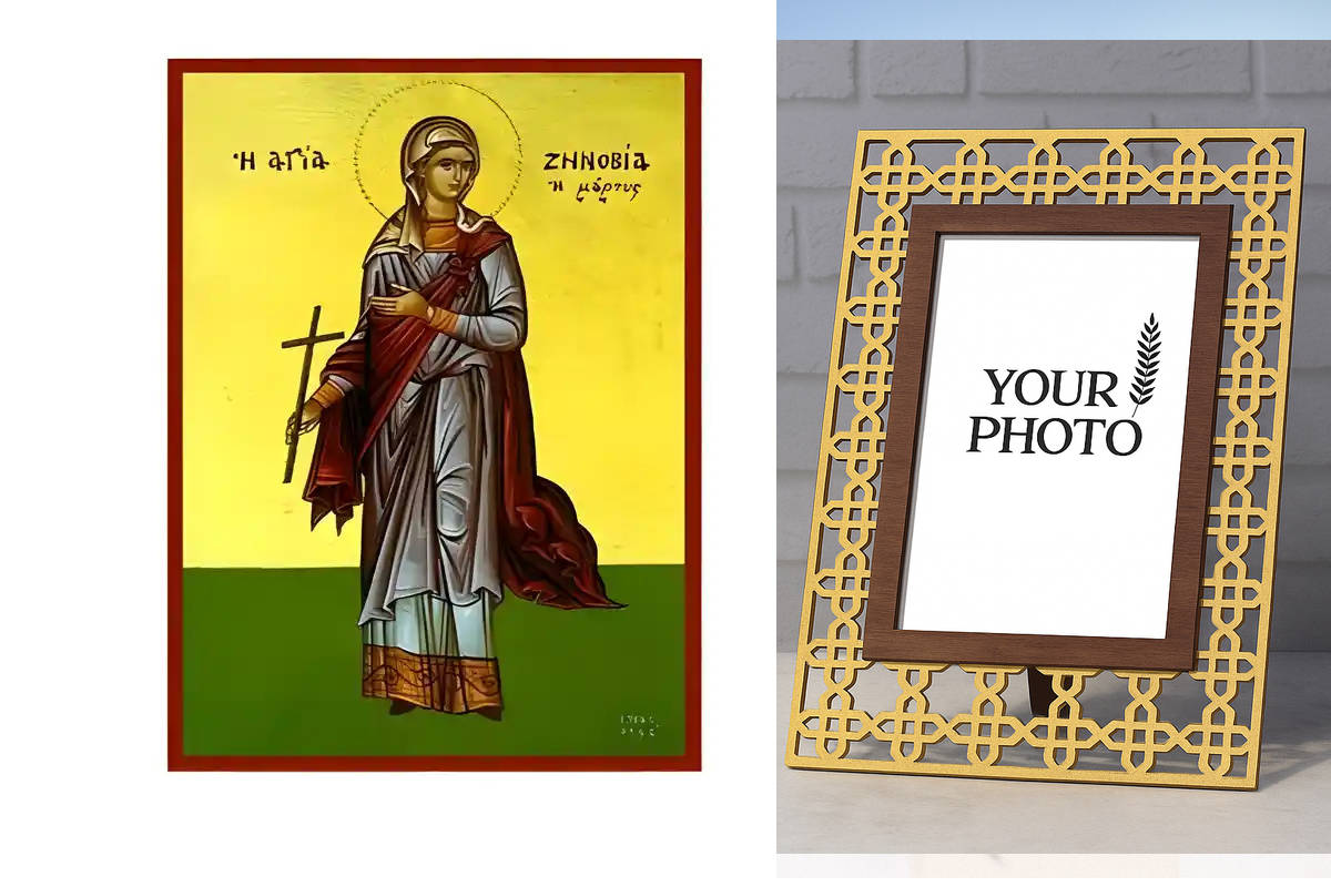 Εικόνα Ορθοδοξίας Πολυτελείας  με  σχεδιο Σταυρούς μαζι με  Βάση σε  8 χρώματα με περίγραμμα χρυσό σε ξύλο Plywood (Πλακάζ)   με  βάση Εικόνα Αγία Ζηνοβία Χειροποίητη Ελληνορθόδοξη , Κρεμαστή πλάκα βυζαντινής τέχνης, χριστιανική τέχνη Διάσταση 10x7 cm (3,