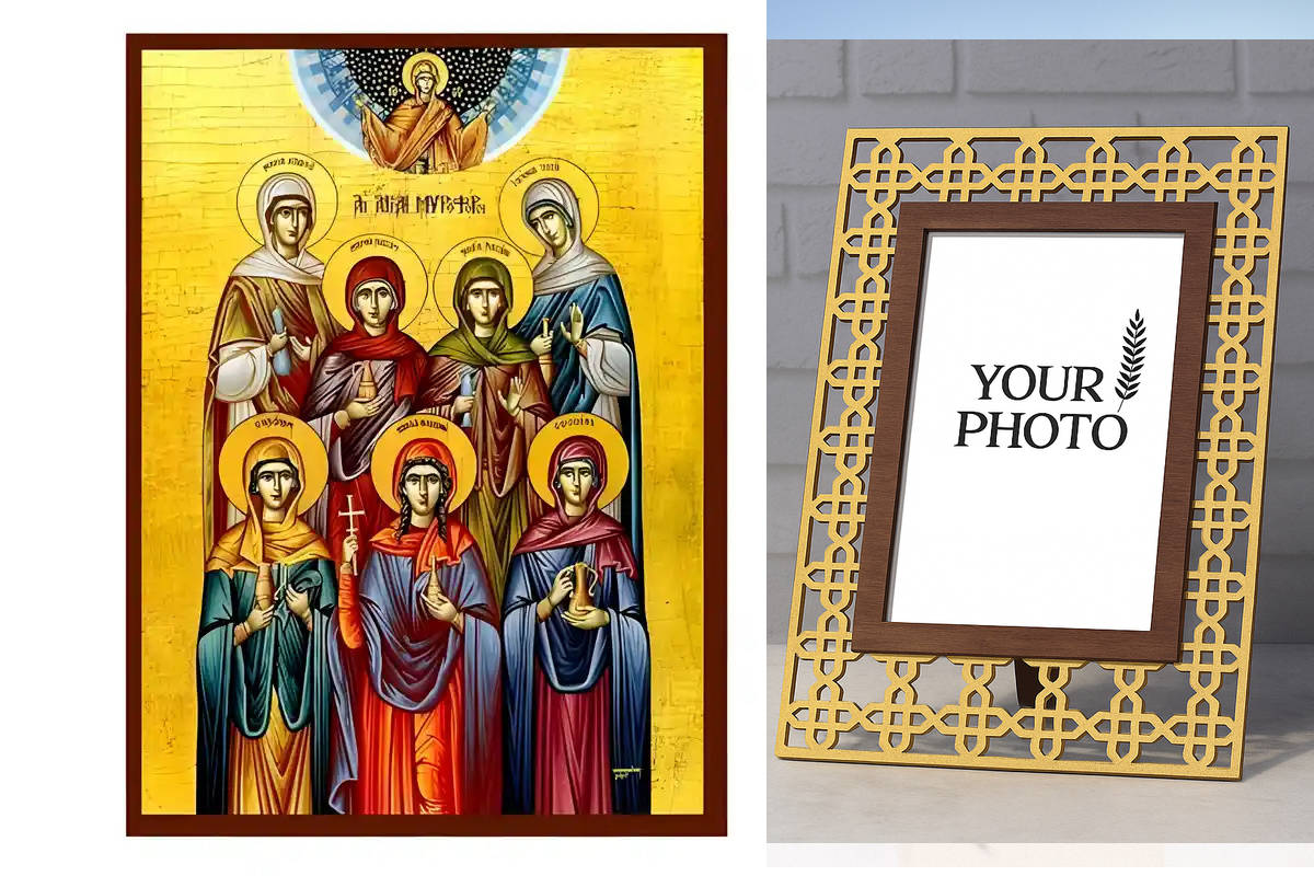 Σετ των 2 Εικόνα Ορθοδοξίας Πολυτελείας  με  σχεδιο Σταυρούς μαζι με  Βάση σε  8 χρώματα με περίγραμμα χρυσό σε ξύλο Plywood (Πλακάζ)   με  βάση Εικόνα Αγίες Μυροφόροι Χειροποίητη Ελληνορθόδοξη , Κρεμαστή πλάκα βυζαντινής τέχνης, χριστιανική τέχνη Διάστασ