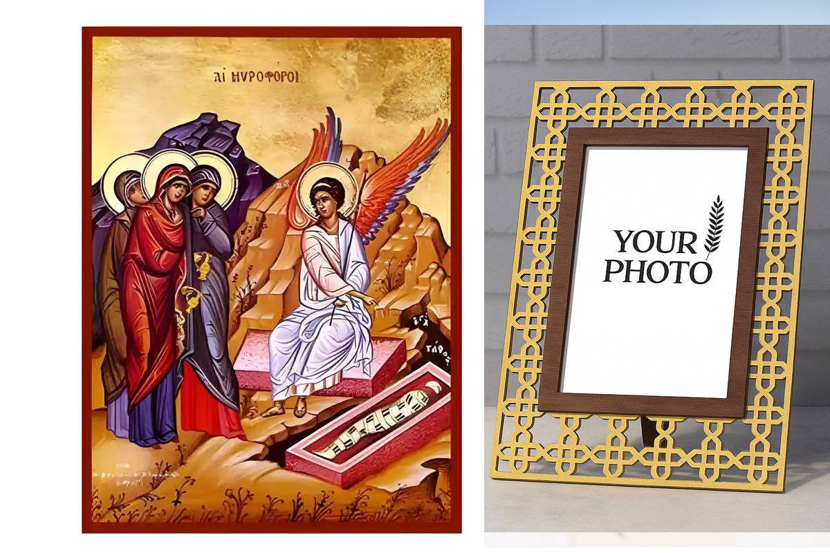 Εικόνα Ορθοδοξίας Πολυτελείας  με  σχεδιο Σταυρούς μαζι με  Βάση σε  8 χρώματα με περίγραμμα χρυσό σε ξύλο Plywood (Πλακάζ)   με  βάση Εικόνα Μυροφόροι Χειροποίητη Ελληνορθόδοξη , Κρεμαστή πλάκα βυζαντινής τέχνης, χριστιανική τέχνη Διάσταση 10x7 cm (3,9 x