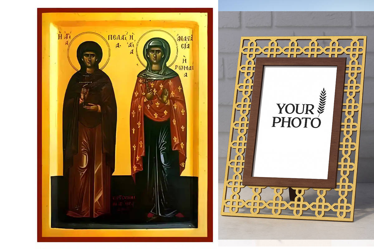 Σετ των 2 Εικόνα Ορθοδοξίας Πολυτελείας  με  σχεδιο Σταυρούς μαζι με  Βάση σε  8 χρώματα με περίγραμμα χρυσό σε ξύλο Plywood (Πλακάζ)   με  βάση Εικόνα Αγίες Πελαγία και Αναστασία Χειροποίητη Ελληνορθόδοξη , Κρεμαστή πλάκα βυζαντινής τέχνης, χριστιανική τ