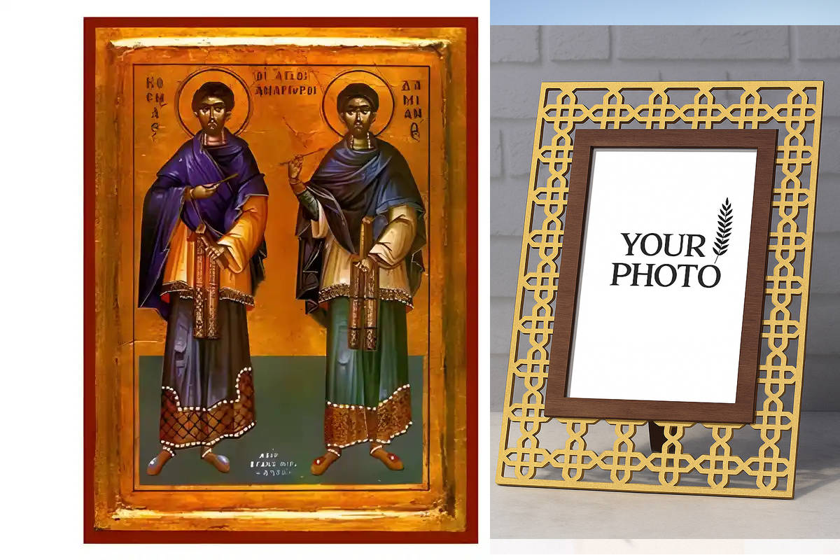 Εικόνα Ορθοδοξίας Πολυτελείας  με  σχεδιο Σταυρούς μαζι με  Βάση σε  8 χρώματα με περίγραμμα χρυσό σε ξύλο Plywood (Πλακάζ)   με  βάση Εικόνα Άγιοι Ανάργυροι Χειροποίητη Ελληνορθόδοξη , Κρεμαστή πλάκα βυζαντινής τέχνης, χριστιανική τέχνη Διάσταση 10x7 cm